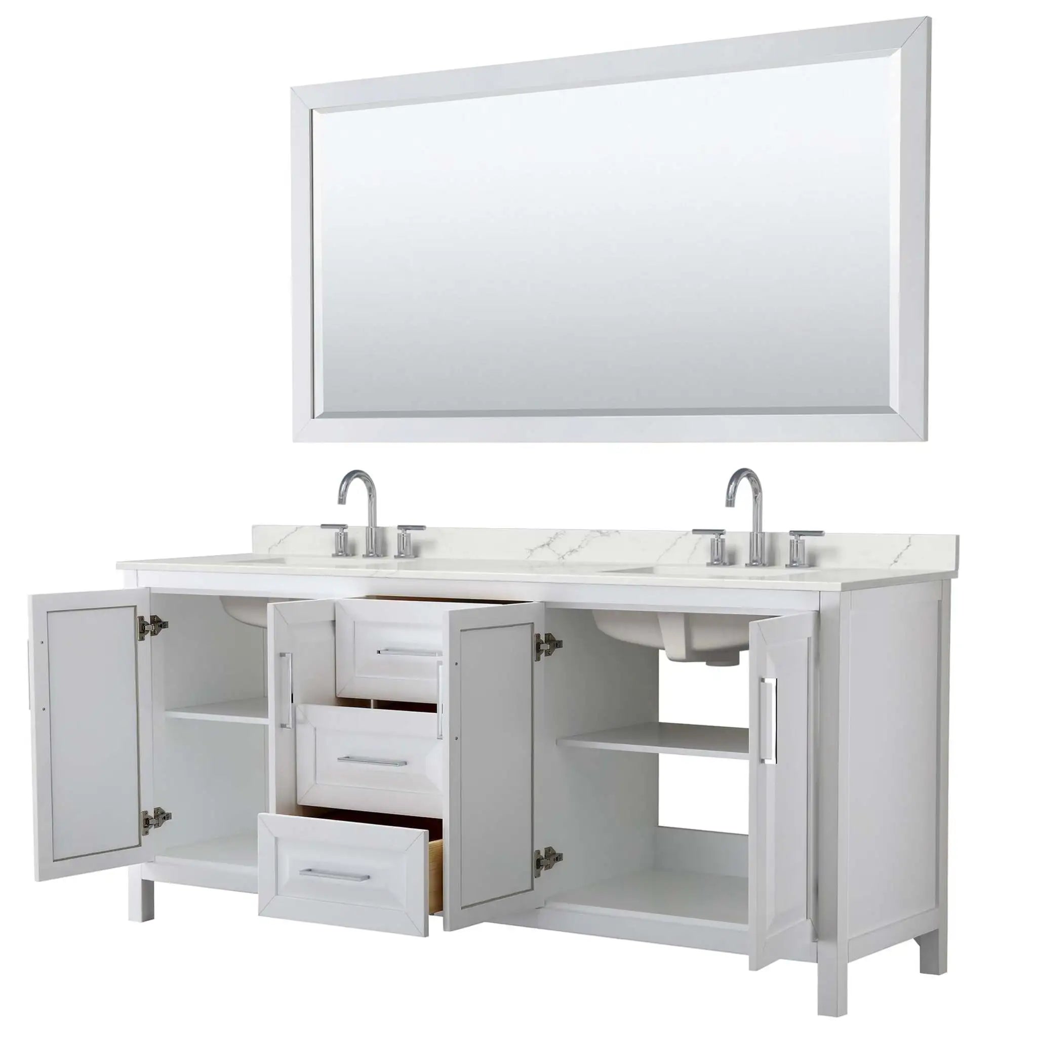 80" Daria Double Bathroom Vanity in White with Polished Chrome Trim & 70" Mirror by Wyndham