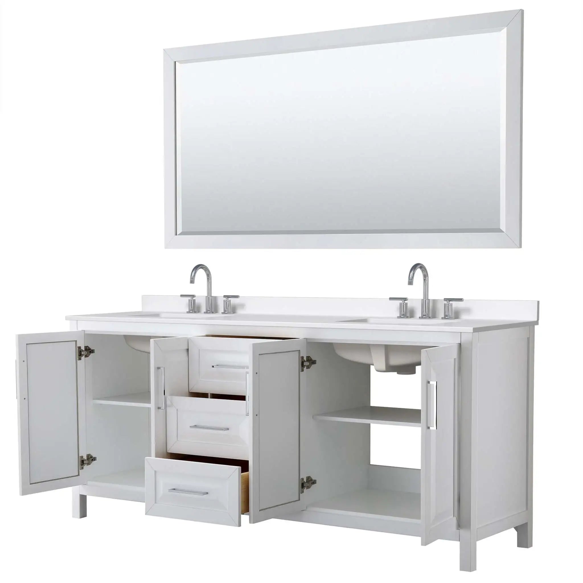 80" Daria Double Bathroom Vanity in White with Polished Chrome Trim & 70" Mirror by Wyndham