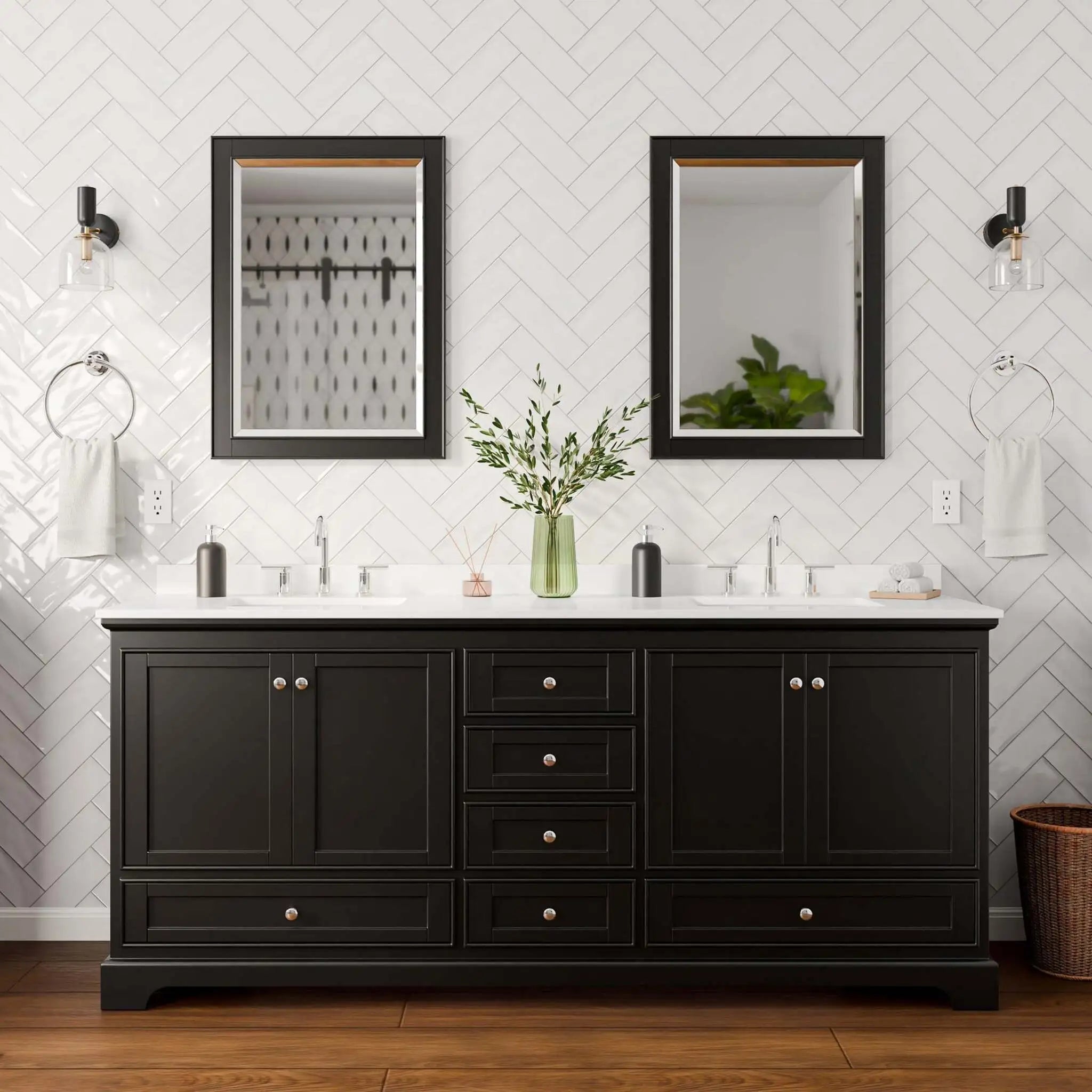 80" Deborah Double Bathroom Vanity in Dark Espresso with Polished Chrome Trim & 24" Mirror by Wyndham