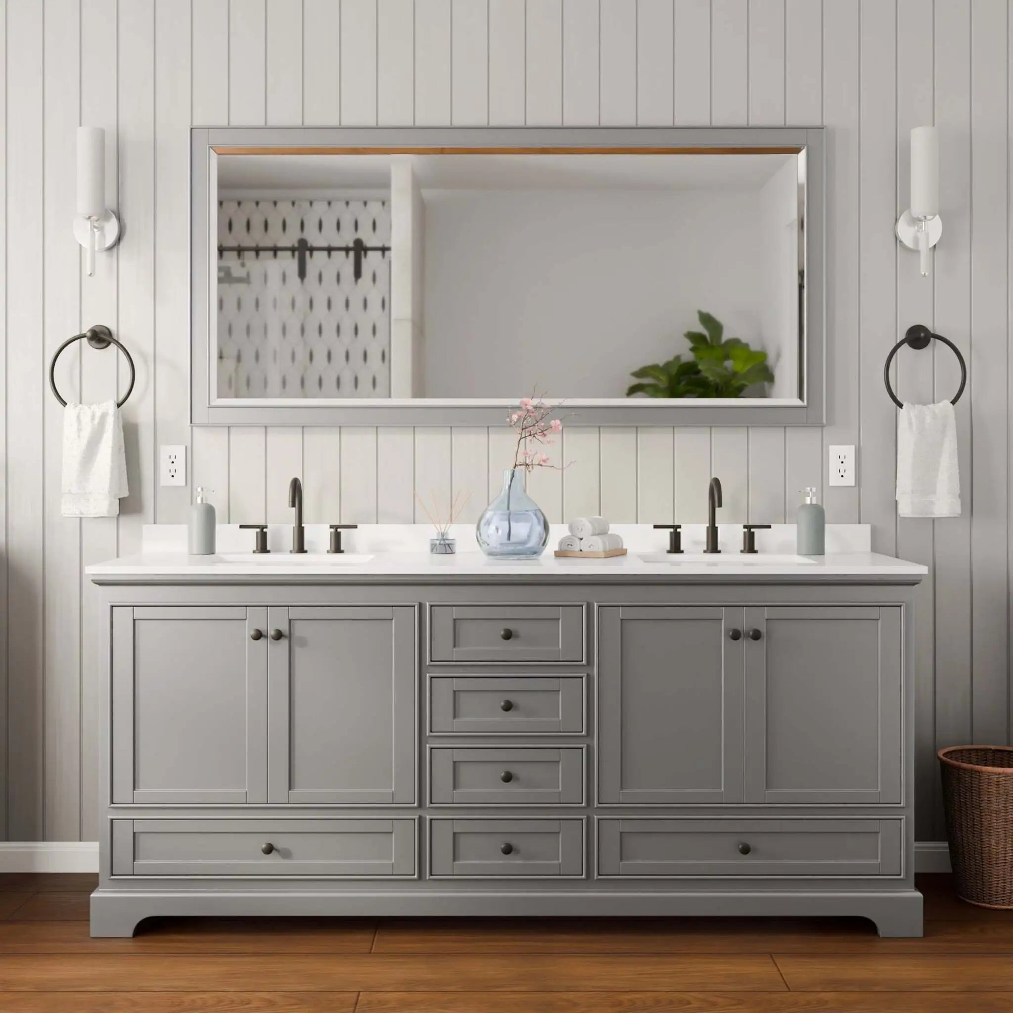 80" Deborah Double Bathroom Vanity in Dark Gray with Matte Black Trim & 70" Mirror by Wyndham