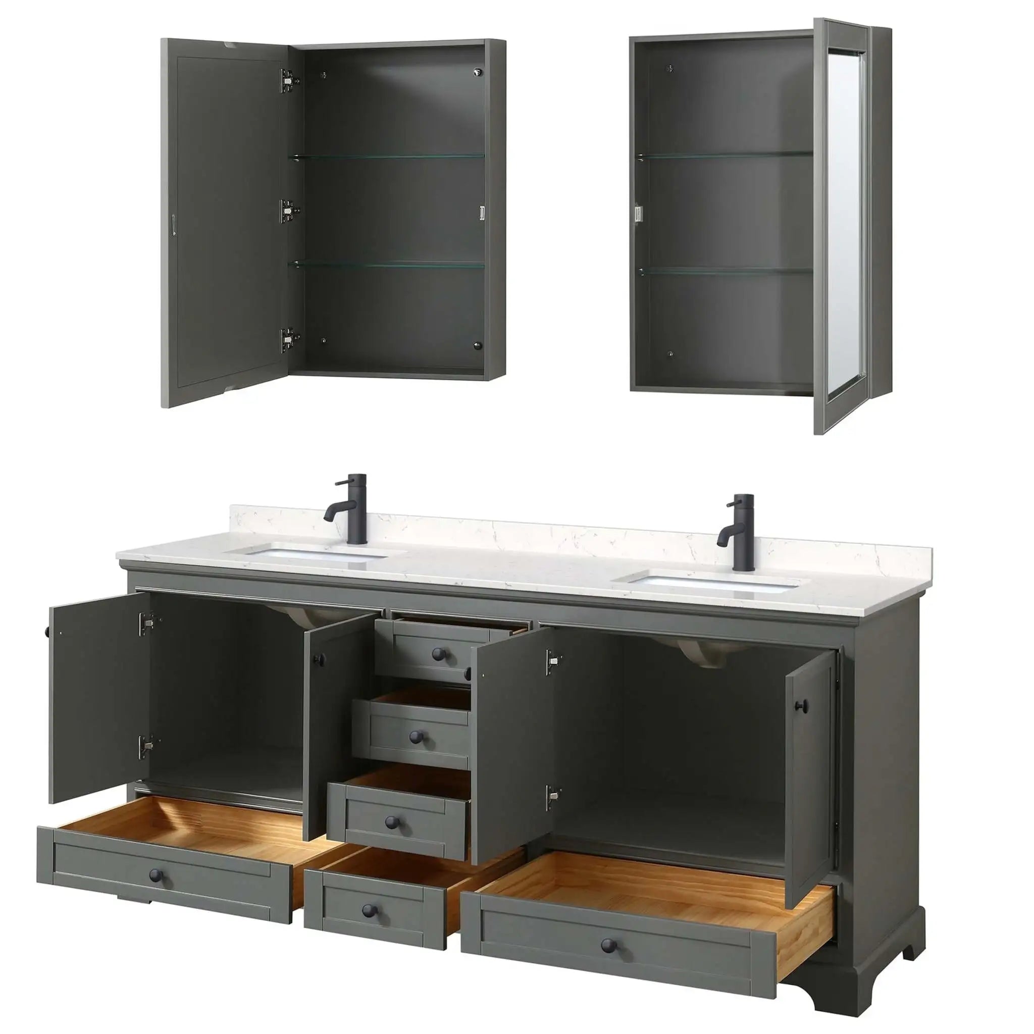 80" Deborah Double Bathroom Vanity in Dark Gray with Matte Black Trim & Medicine Cabinet by Wyndham