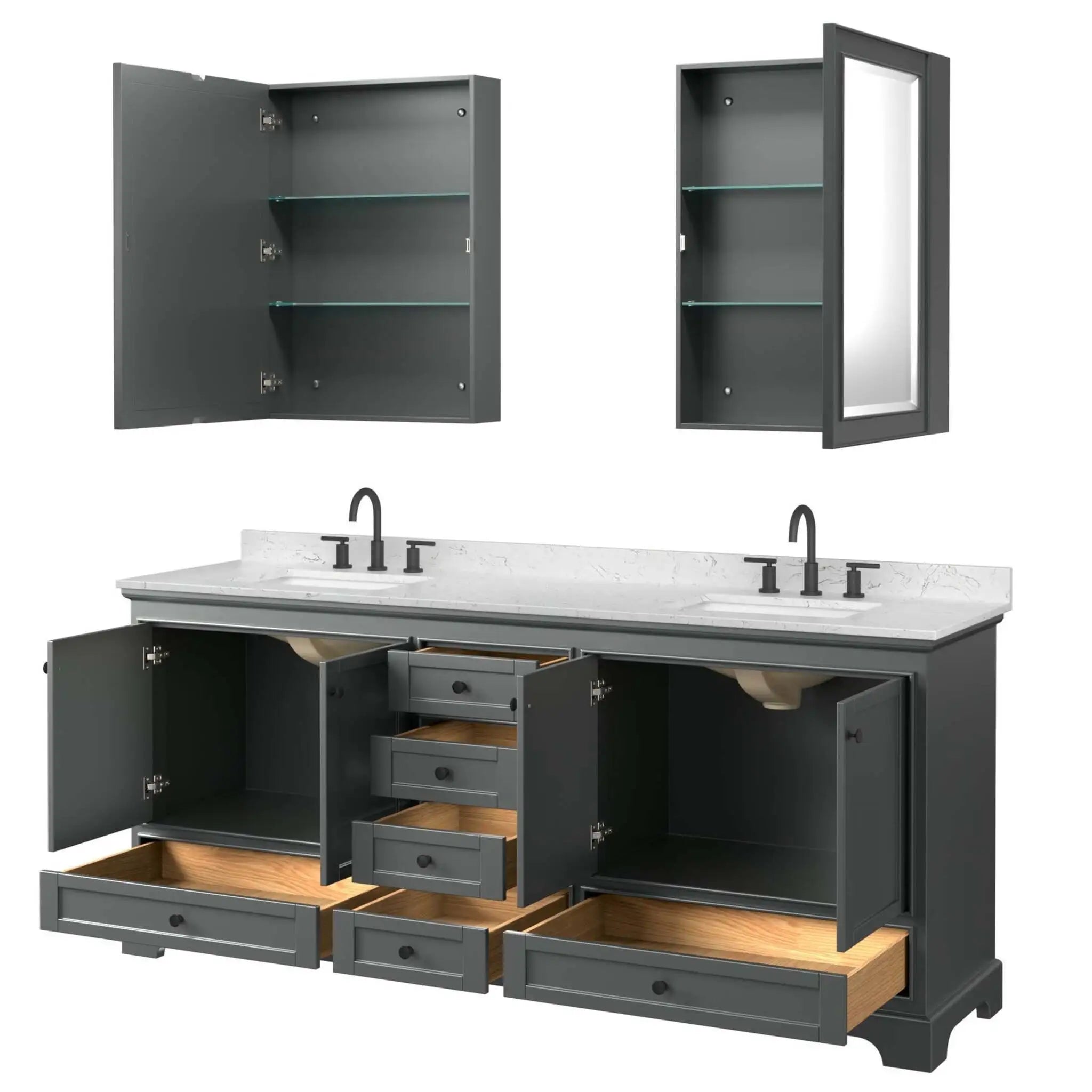 80" Deborah Double Bathroom Vanity in Dark Gray with Matte Black Trim & Medicine Cabinet by Wyndham