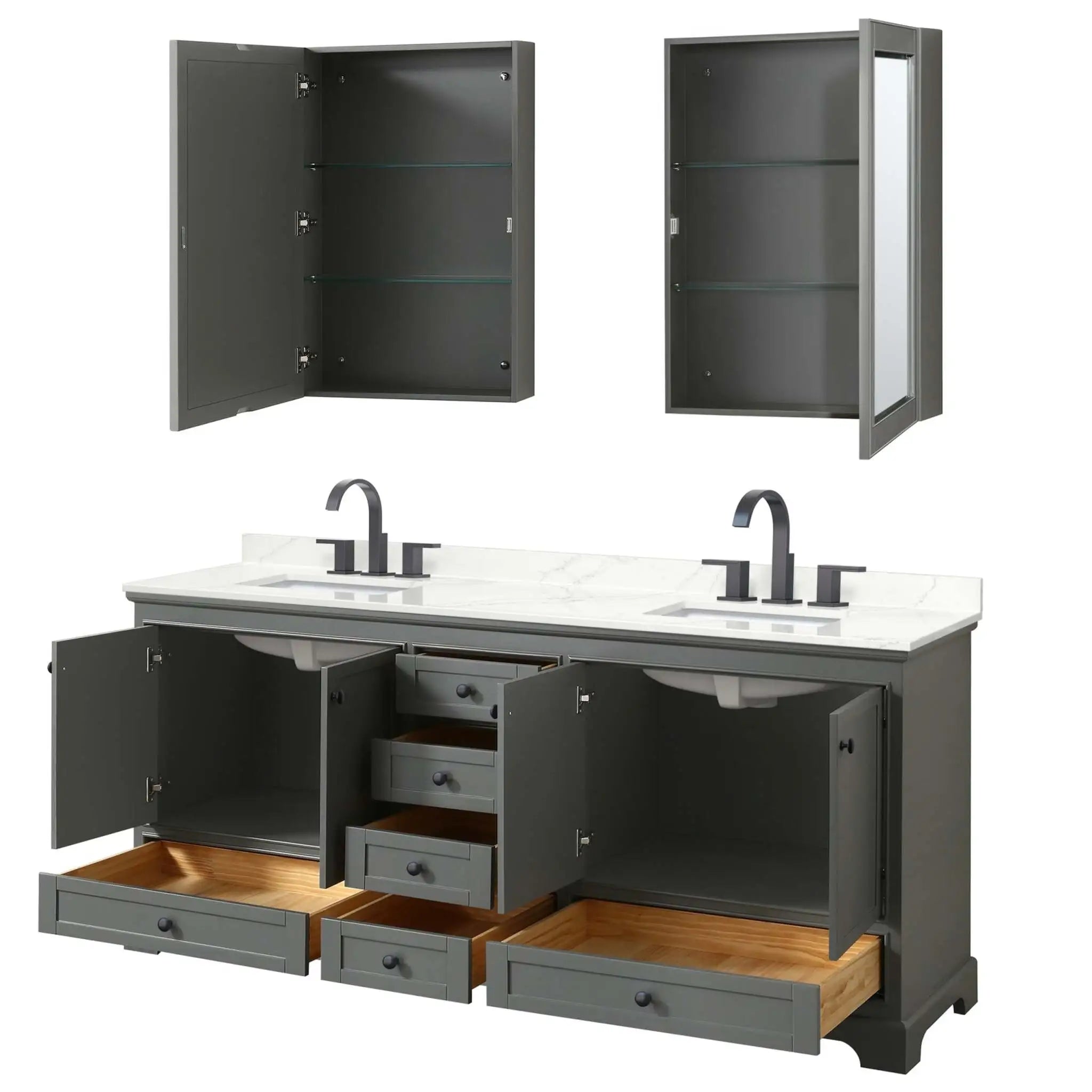 80" Deborah Double Bathroom Vanity in Dark Gray with Matte Black Trim & Medicine Cabinet by Wyndham