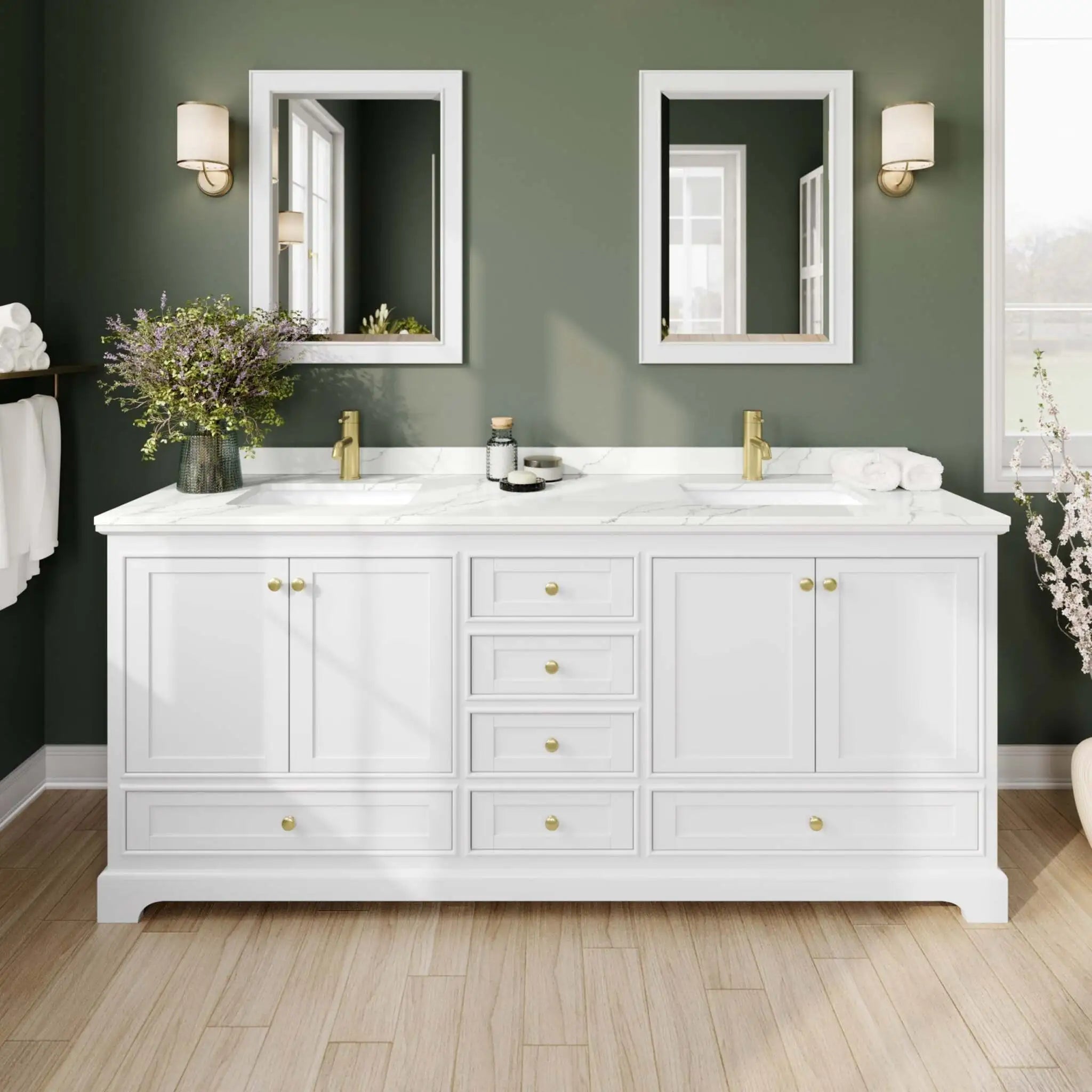 80" Deborah Double Bathroom Vanity in White with Brushed Gold Trim & 24" Mirror by Wyndham