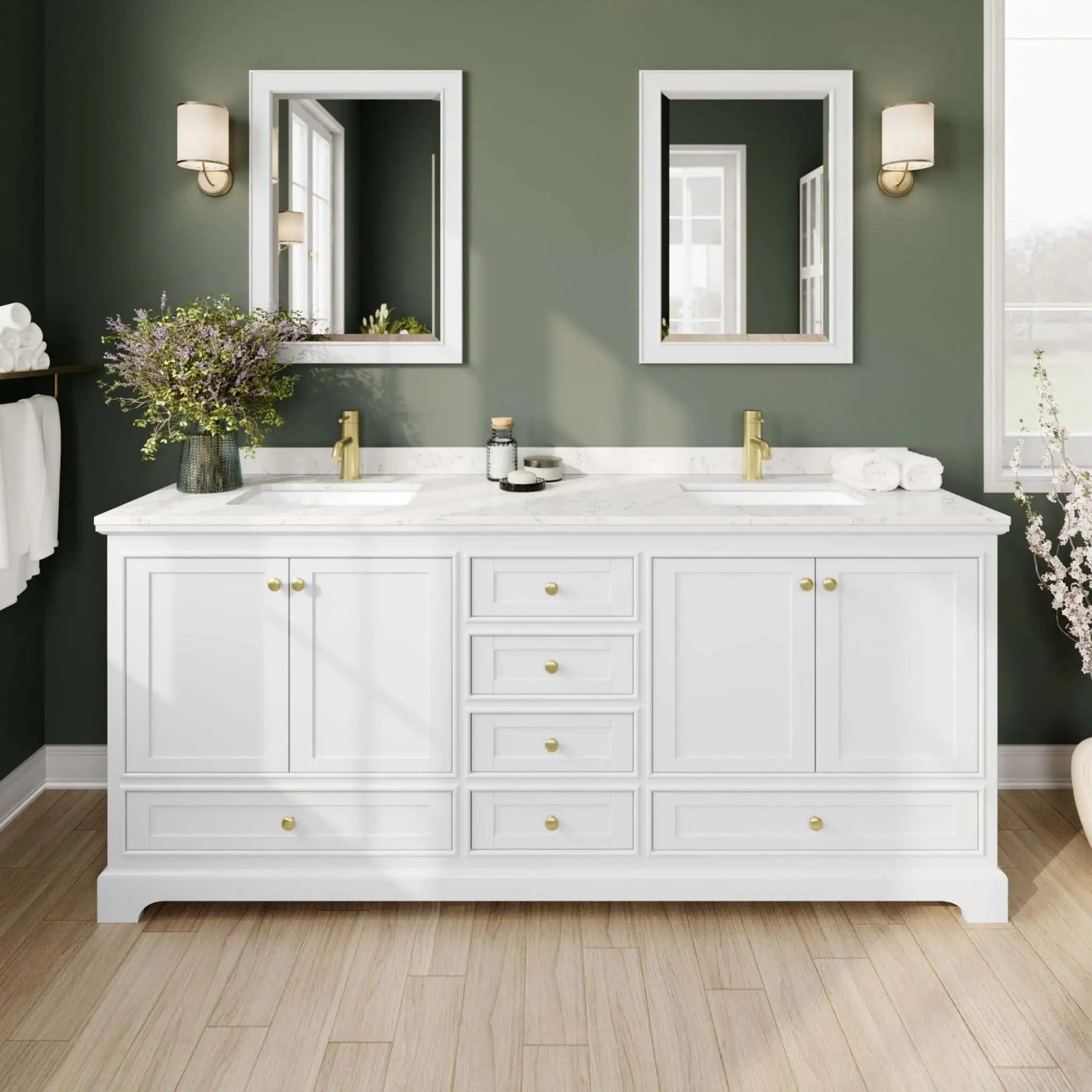 80" Deborah Double Bathroom Vanity in White with Brushed Gold Trim & 70" Mirror by Wyndham