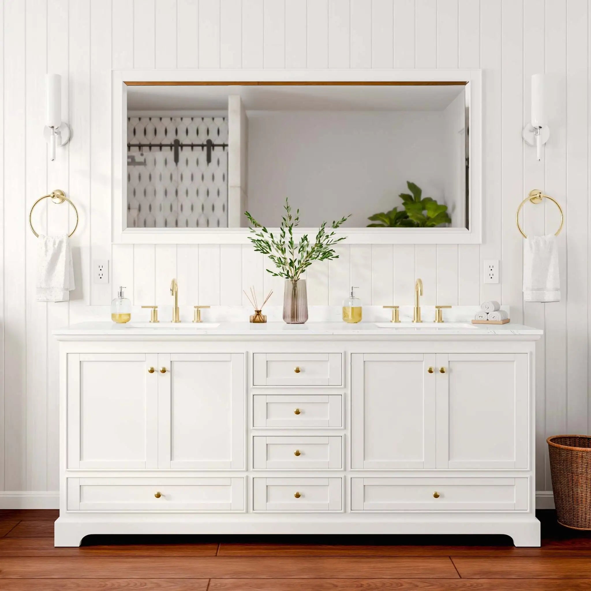80" Deborah Double Bathroom Vanity in White with Brushed Gold Trim & 70" Mirror by Wyndham