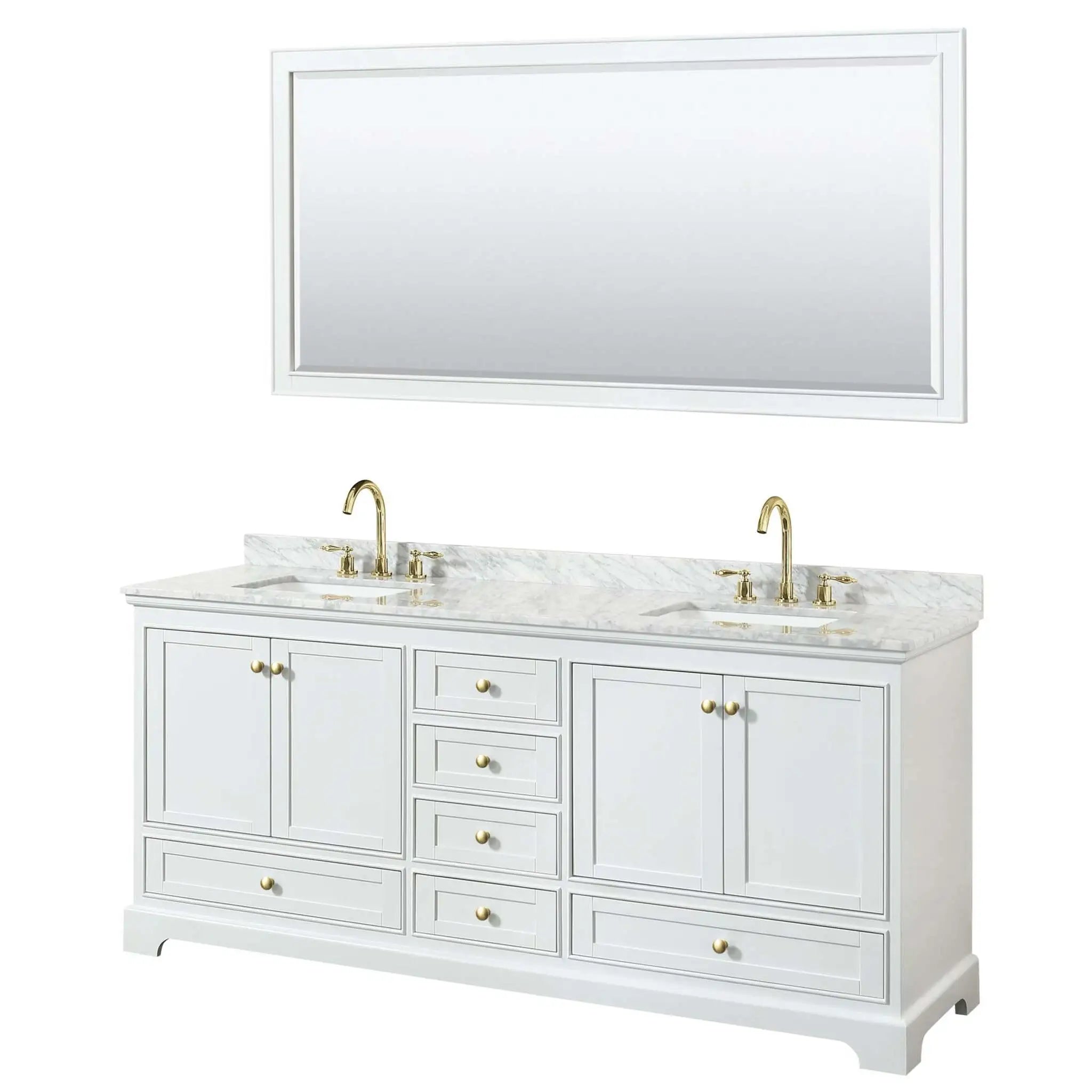 80" Deborah Double Bathroom Vanity in White with Brushed Gold Trim & 70" Mirror by Wyndham