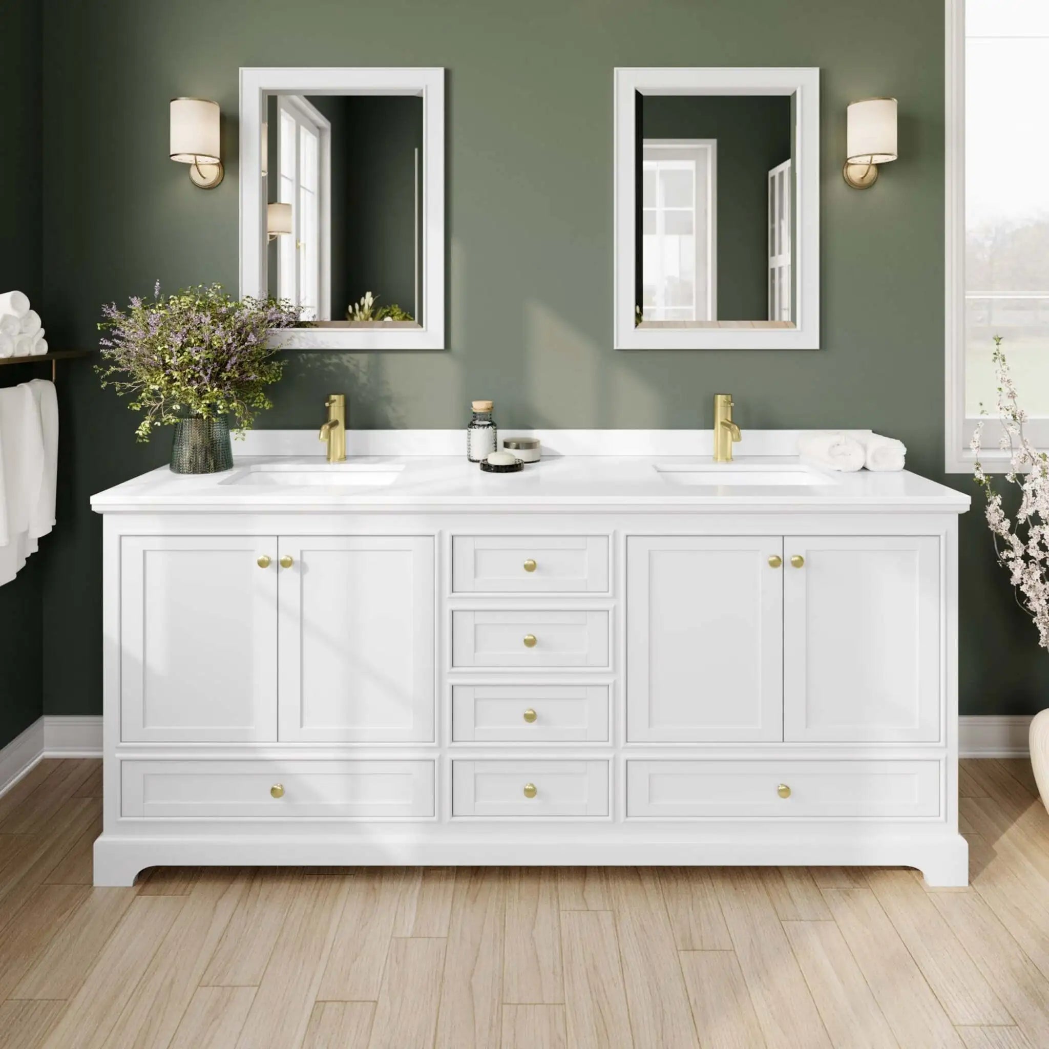 80" Deborah Double Bathroom Vanity in White with Brushed Gold Trim & 70" Mirror by Wyndham