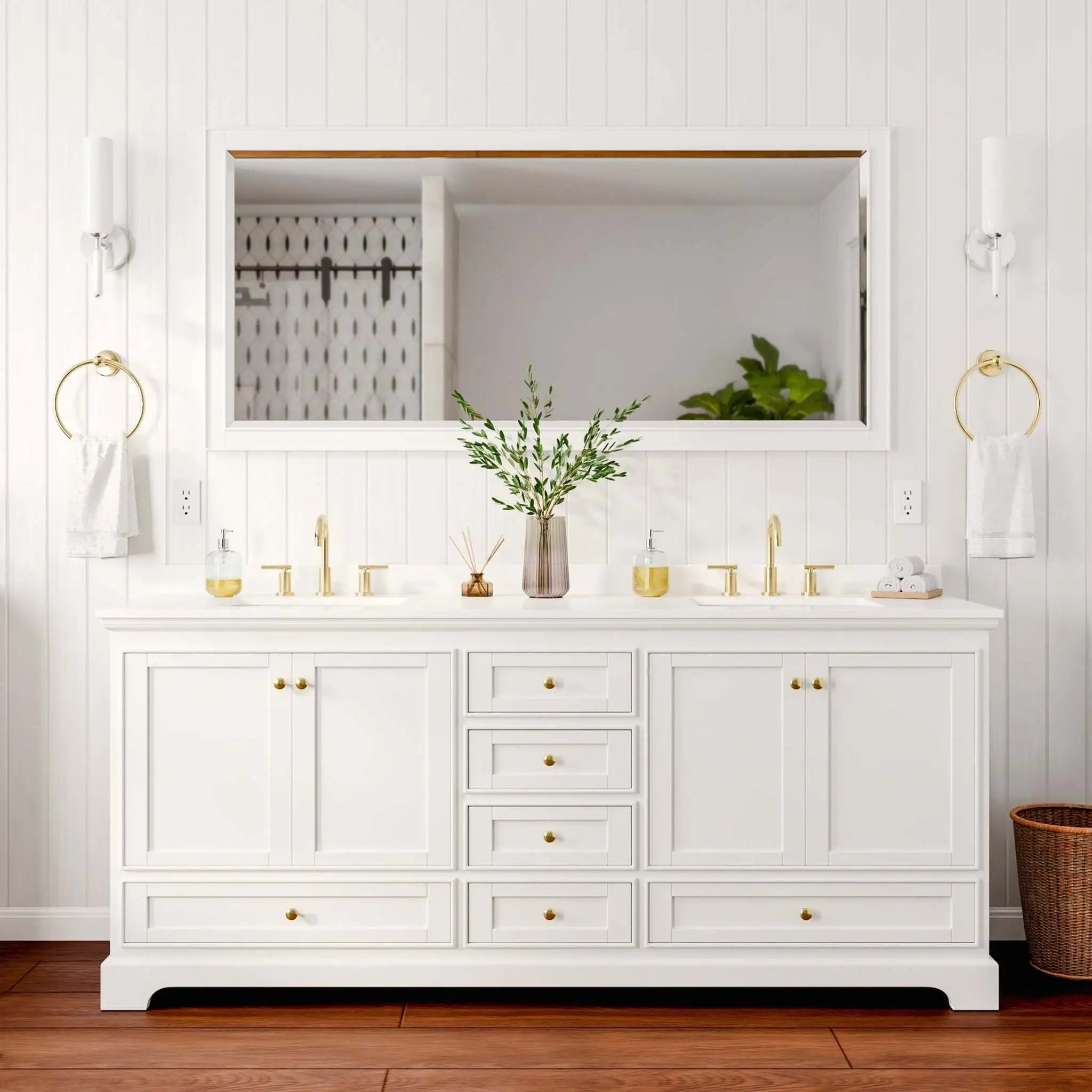 80" Deborah Double Bathroom Vanity in White with Brushed Gold Trim & 70" Mirror by Wyndham
