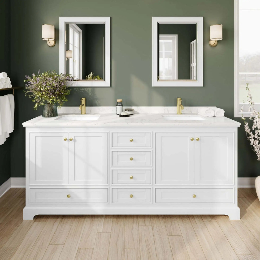 80" Deborah Double Bathroom Vanity in White with Brushed Gold Trim by Wyndham
