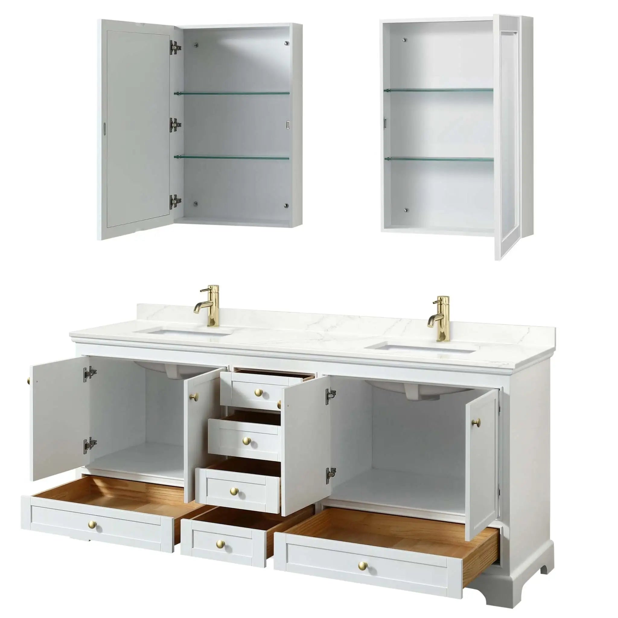 80" Deborah Double Bathroom Vanity in White with Brushed Gold Trim & Medicine Cabinet by Wyndham