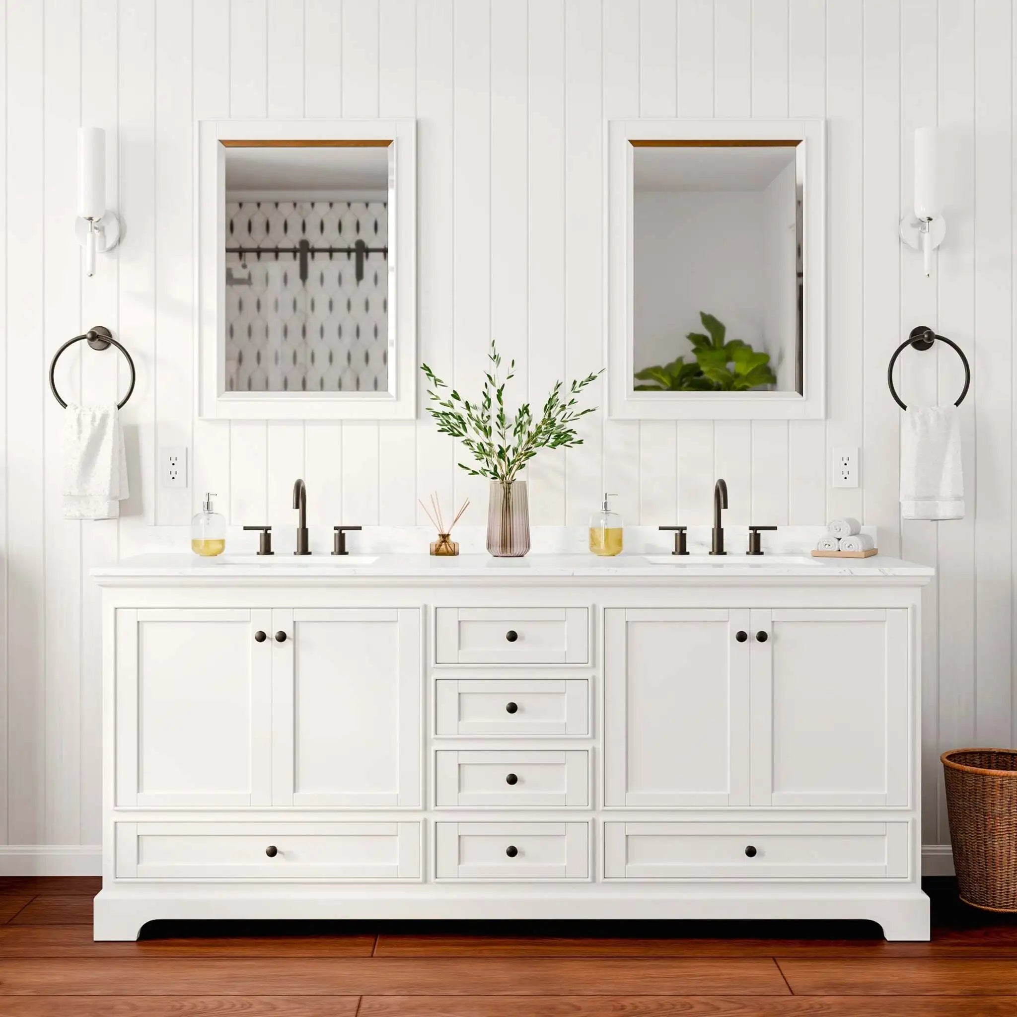 80" Deborah Double Bathroom Vanity in White with Matte Black Trim & 24" Mirror by Wyndham