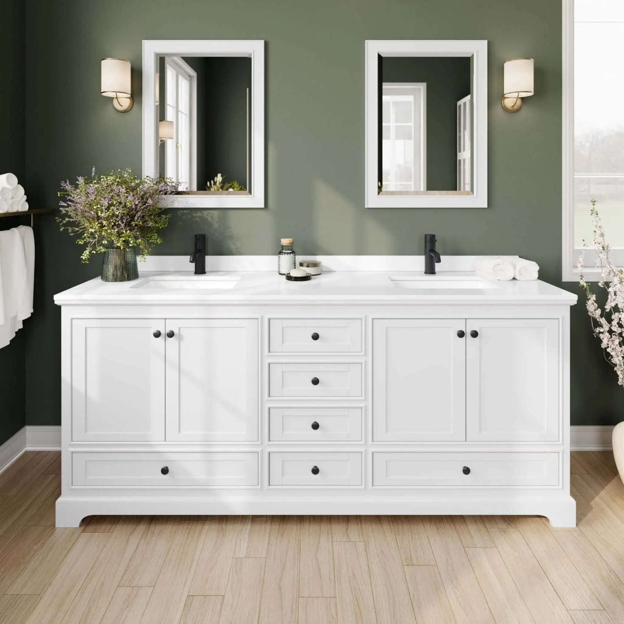 80" Deborah Double Bathroom Vanity in White with Matte Black Trim & 24" Mirror by Wyndham