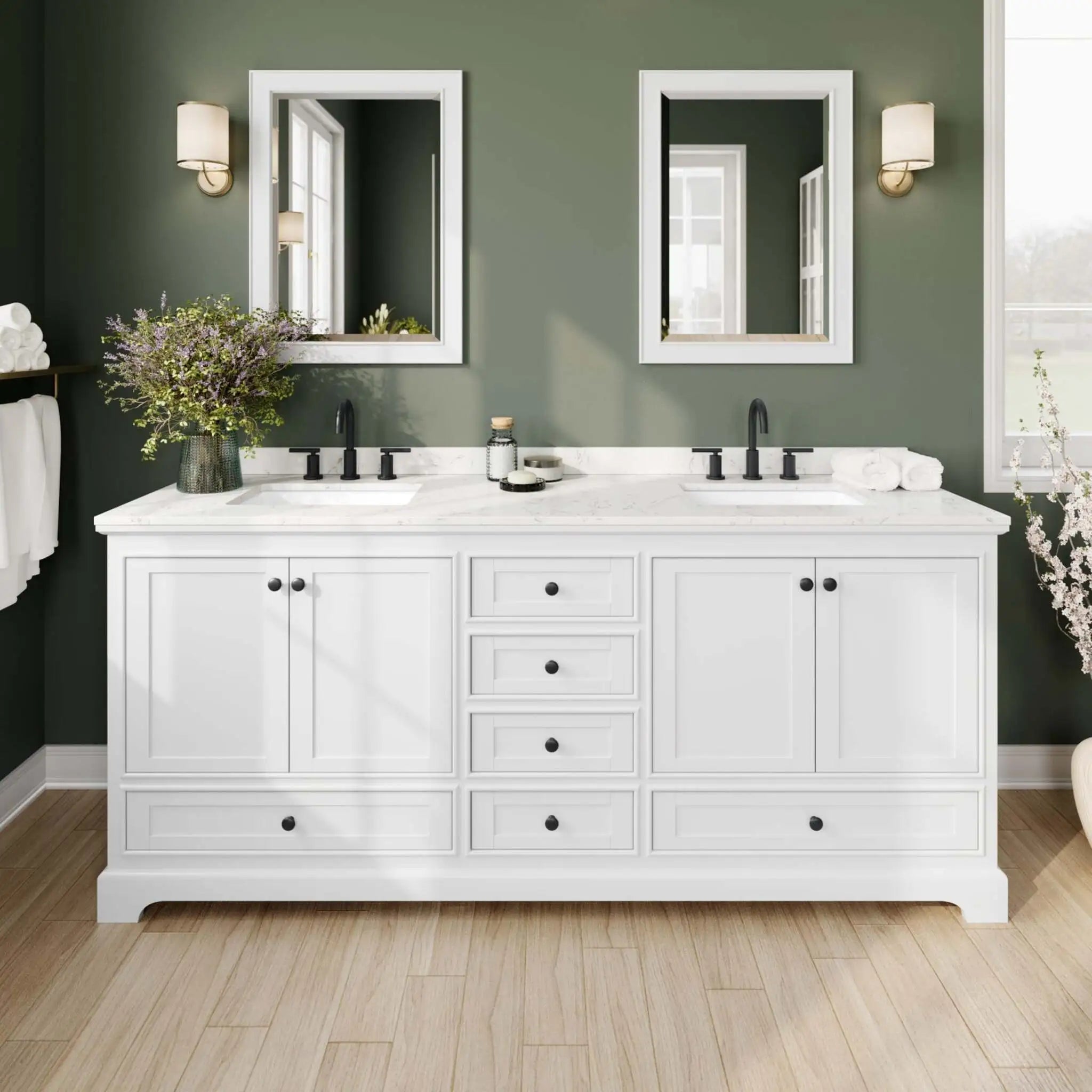 80" Deborah Double Bathroom Vanity in White with Matte Black Trim by Wyndham