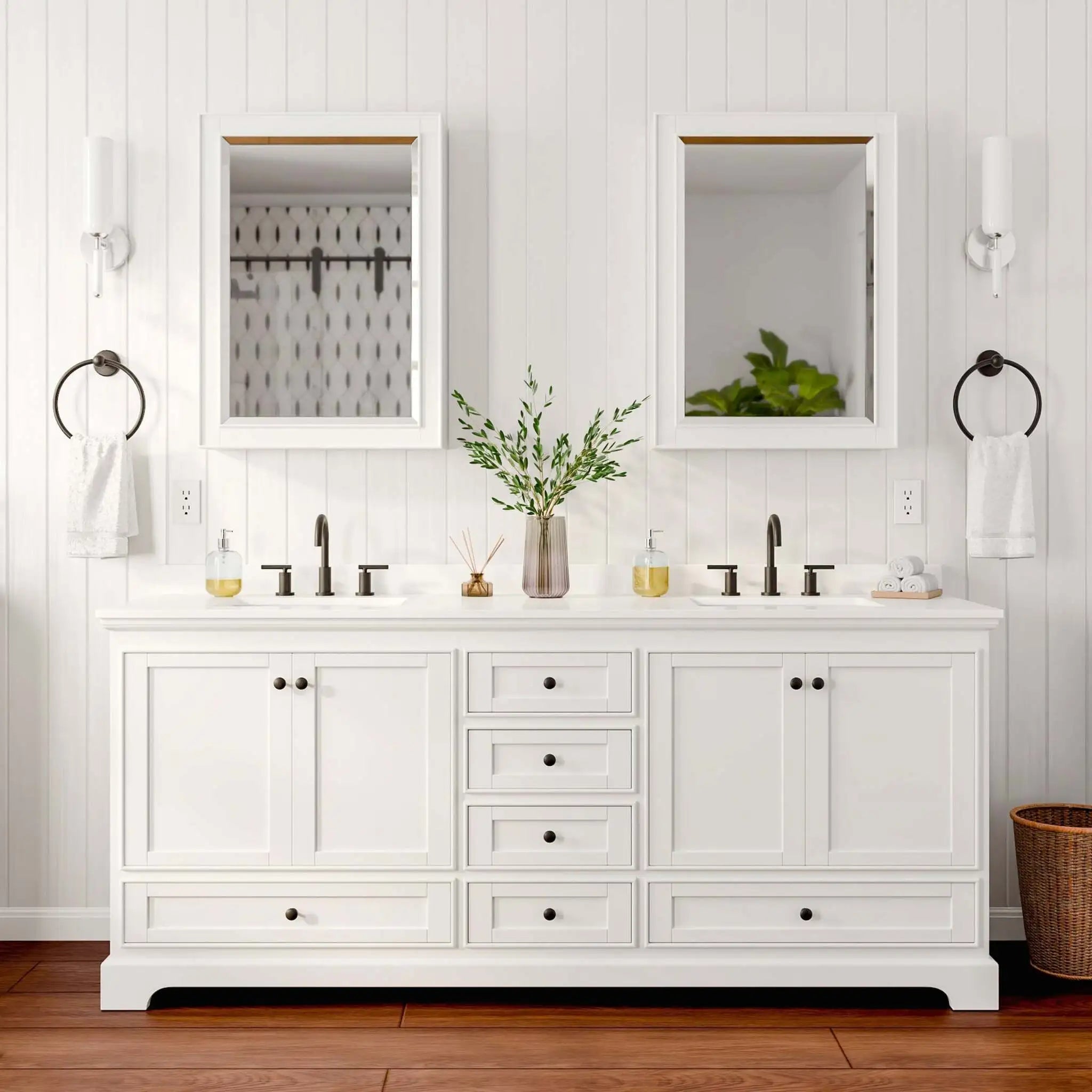80" Deborah Double Bathroom Vanity in White with Matte Black Trim & Medicine Cabinet by Wyndham