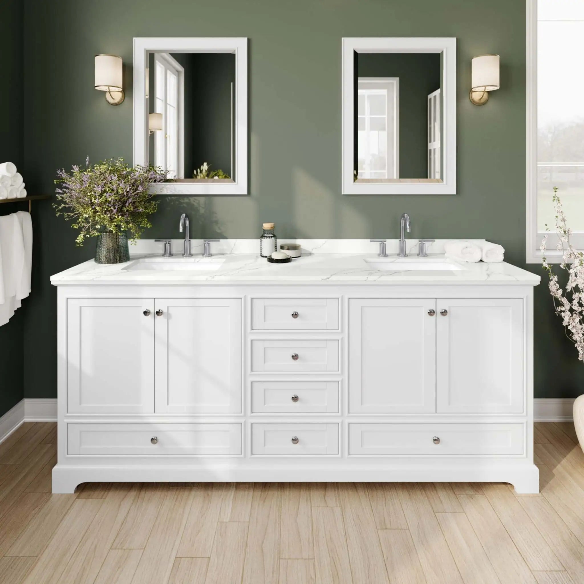 80" Deborah Double Bathroom Vanity in White with Polished Chrome Trim & 70" Mirror by Wyndham
