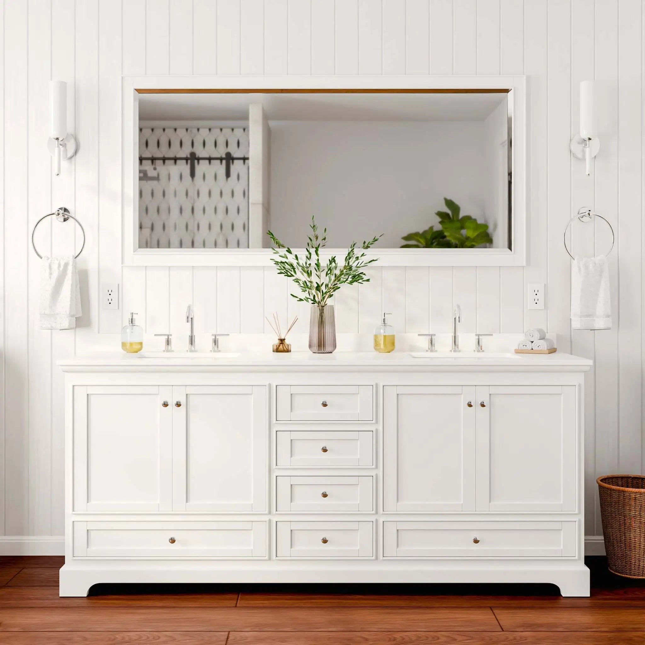 80" Deborah Double Bathroom Vanity in White with Polished Chrome Trim & 70" Mirror by Wyndham