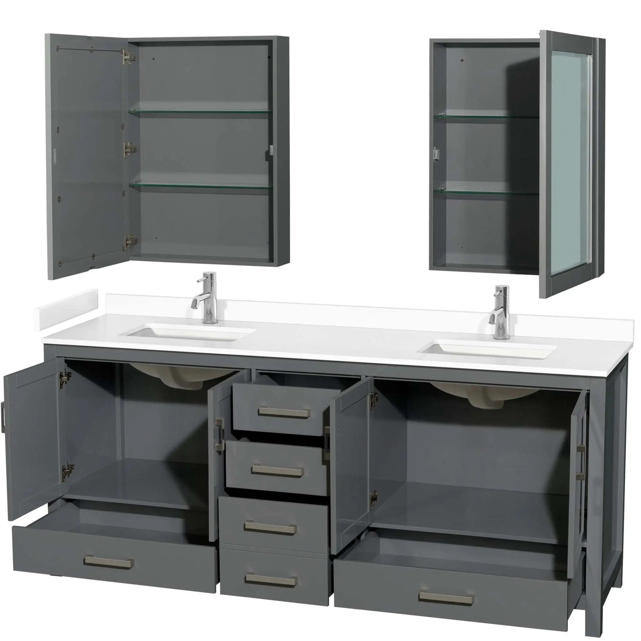 80" Sheffield Double Bathroom Vanity in Dark Gray with Brushed Chrome Trim & Medicine Cabinet by Wyndham