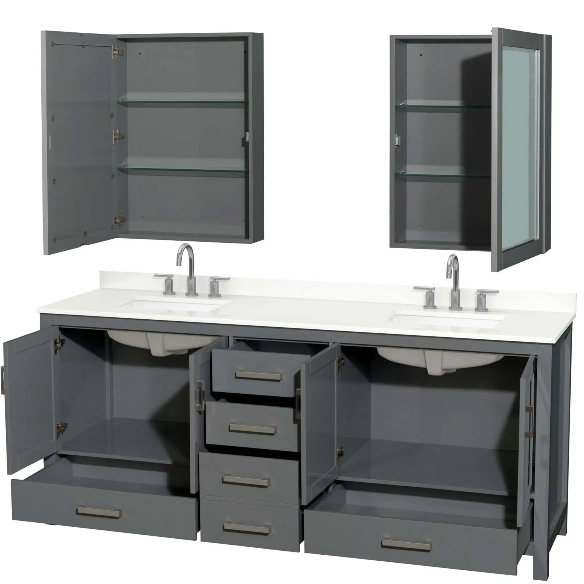 80" Sheffield Double Bathroom Vanity in Dark Gray with Brushed Chrome Trim & Medicine Cabinet by Wyndham