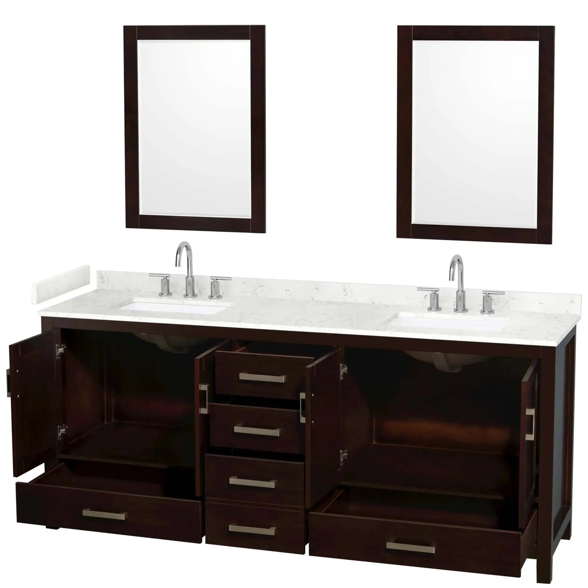 80" Sheffield Double Bathroom Vanity in Espresso with Brushed Chrome Trim & 24" Mirror by Wyndham