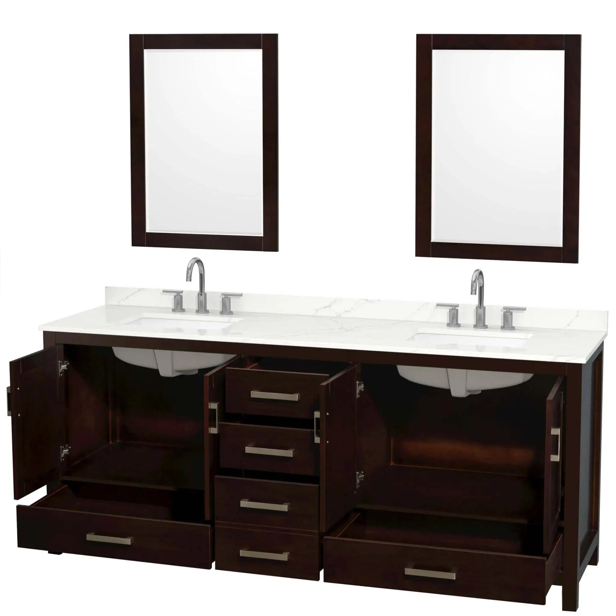 80" Sheffield Double Bathroom Vanity in Espresso with Brushed Chrome Trim & 24" Mirror by Wyndham