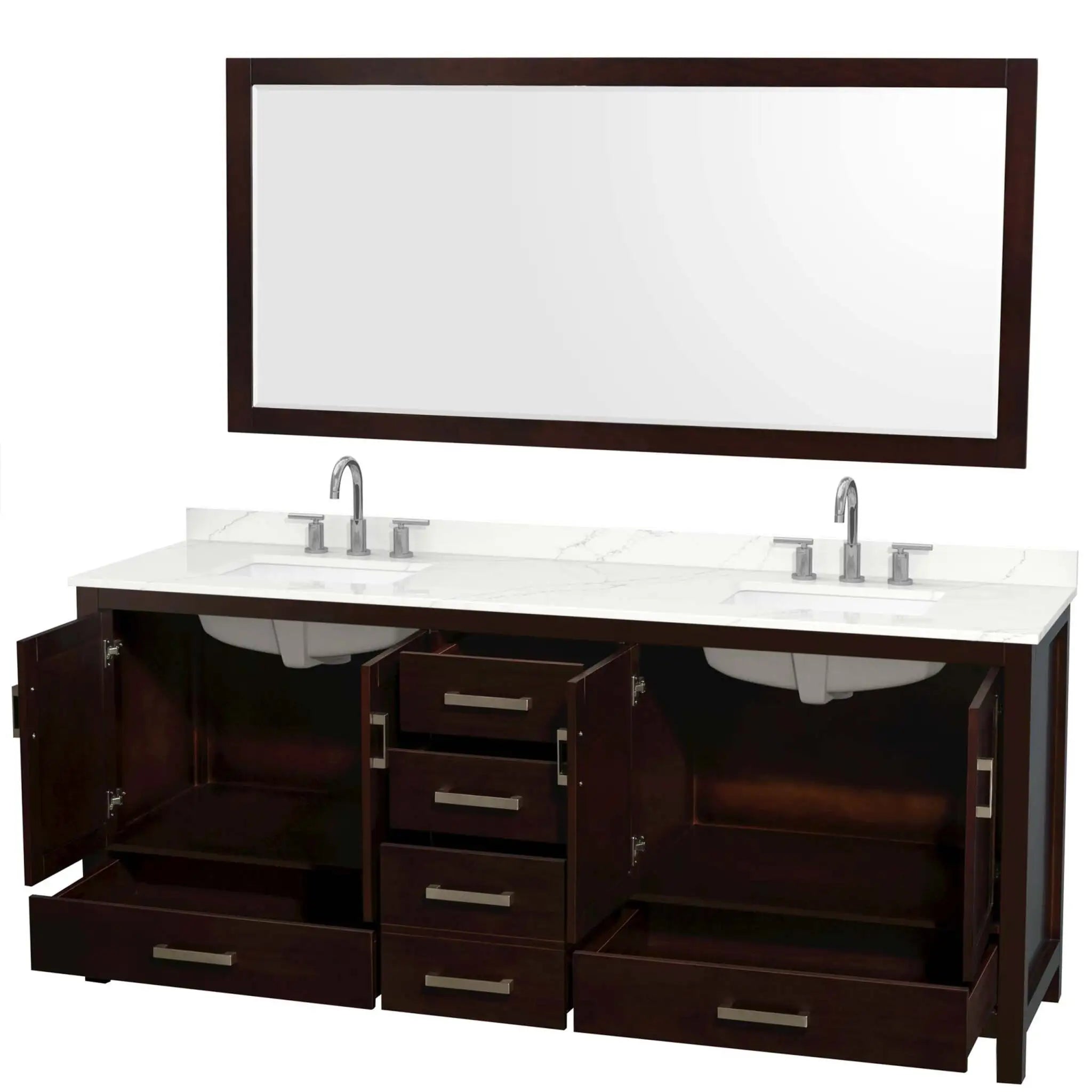 80" Sheffield Double Bathroom Vanity in Espresso with Brushed Chrome Trim & 70" Mirror by Wyndham