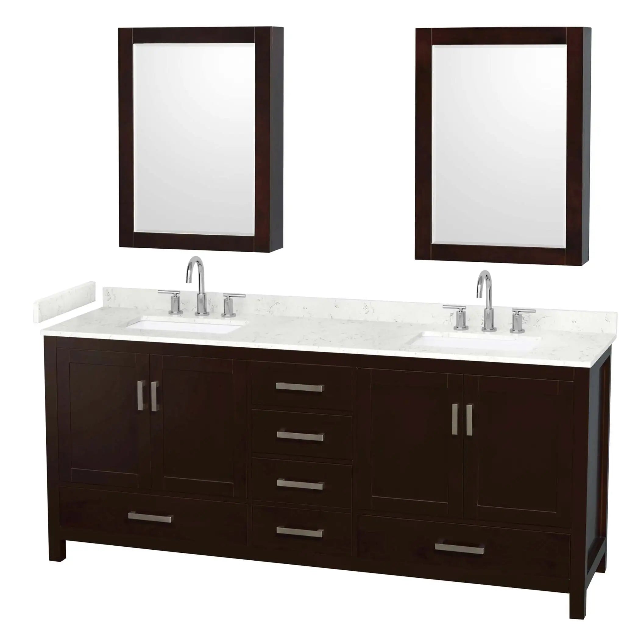 80" Sheffield Double Bathroom Vanity in Espresso with Brushed Chrome Trim & Medicine Cabinet by Wyndham