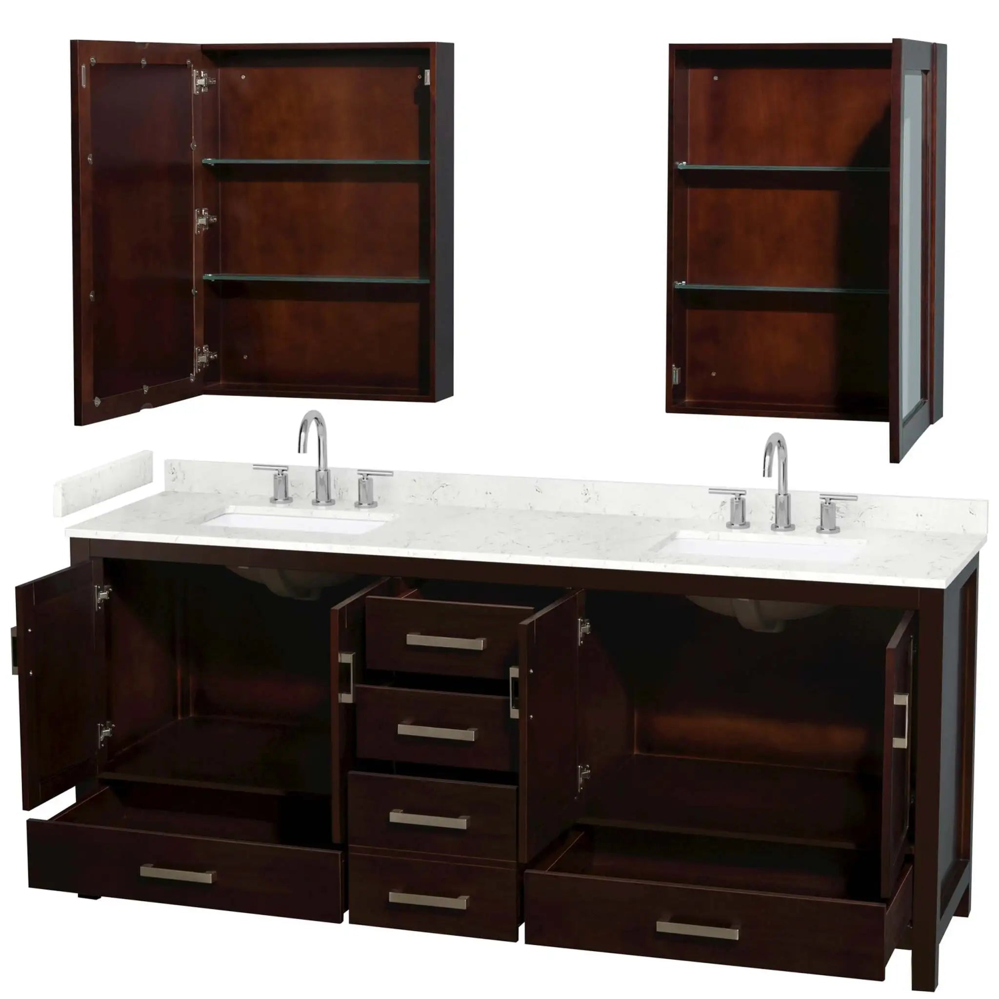 80" Sheffield Double Bathroom Vanity in Espresso with Brushed Chrome Trim & Medicine Cabinet by Wyndham
