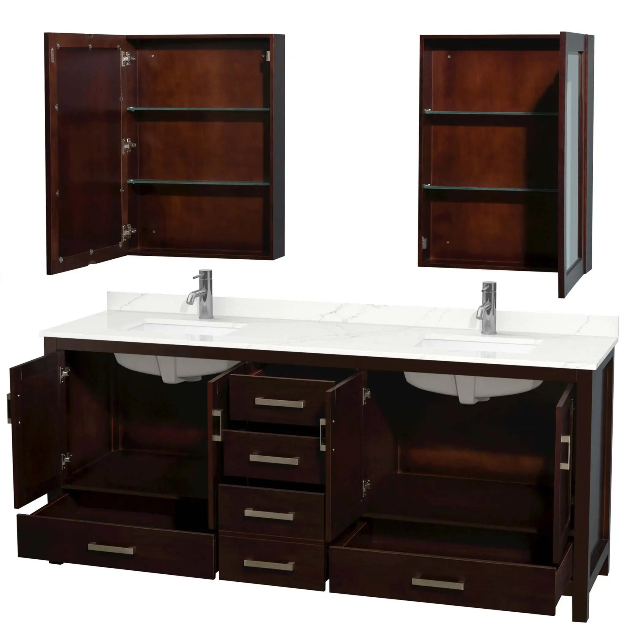 80" Sheffield Double Bathroom Vanity in Espresso with Brushed Chrome Trim & Medicine Cabinet by Wyndham