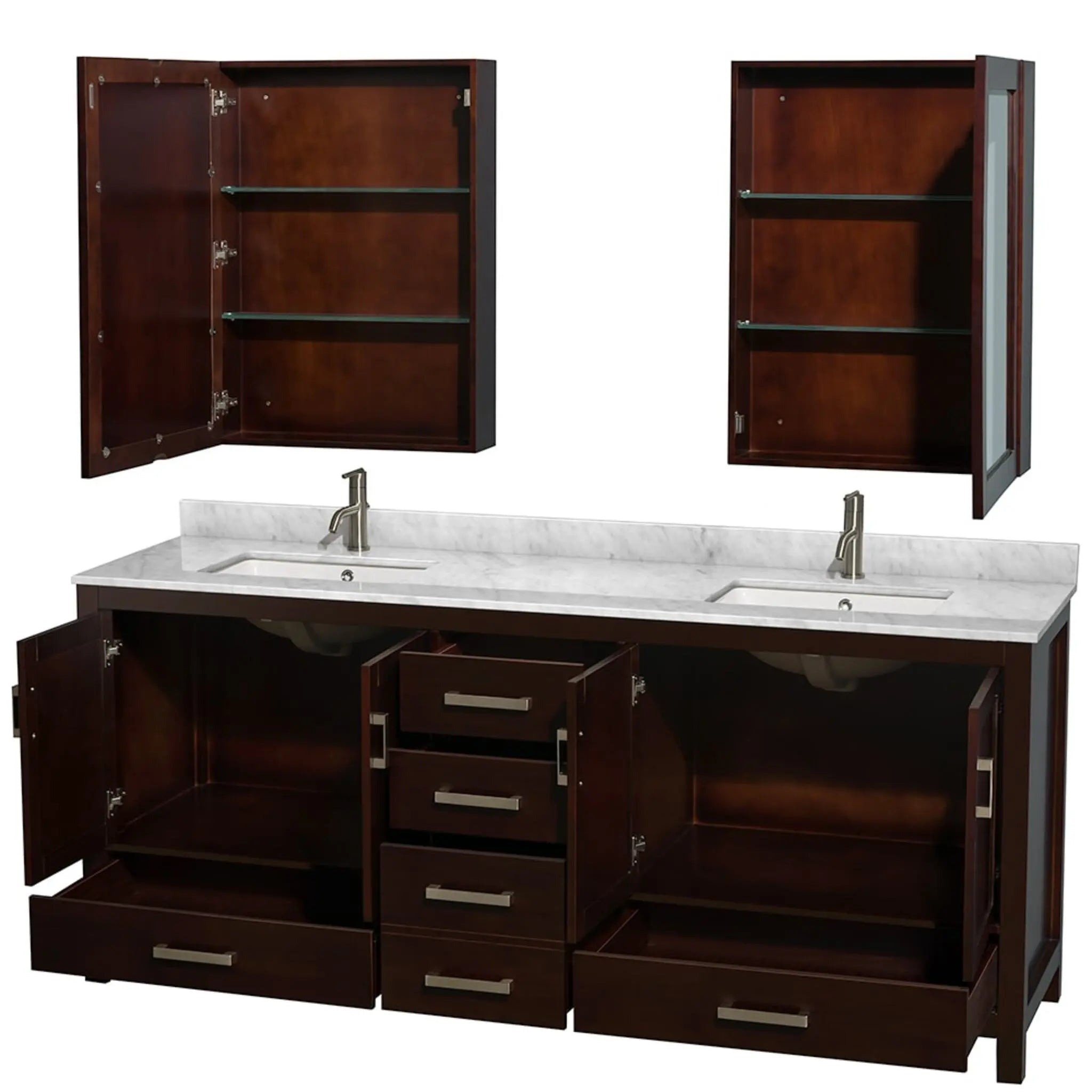 80" Sheffield Double Bathroom Vanity in Espresso with Brushed Chrome Trim & Medicine Cabinet by Wyndham