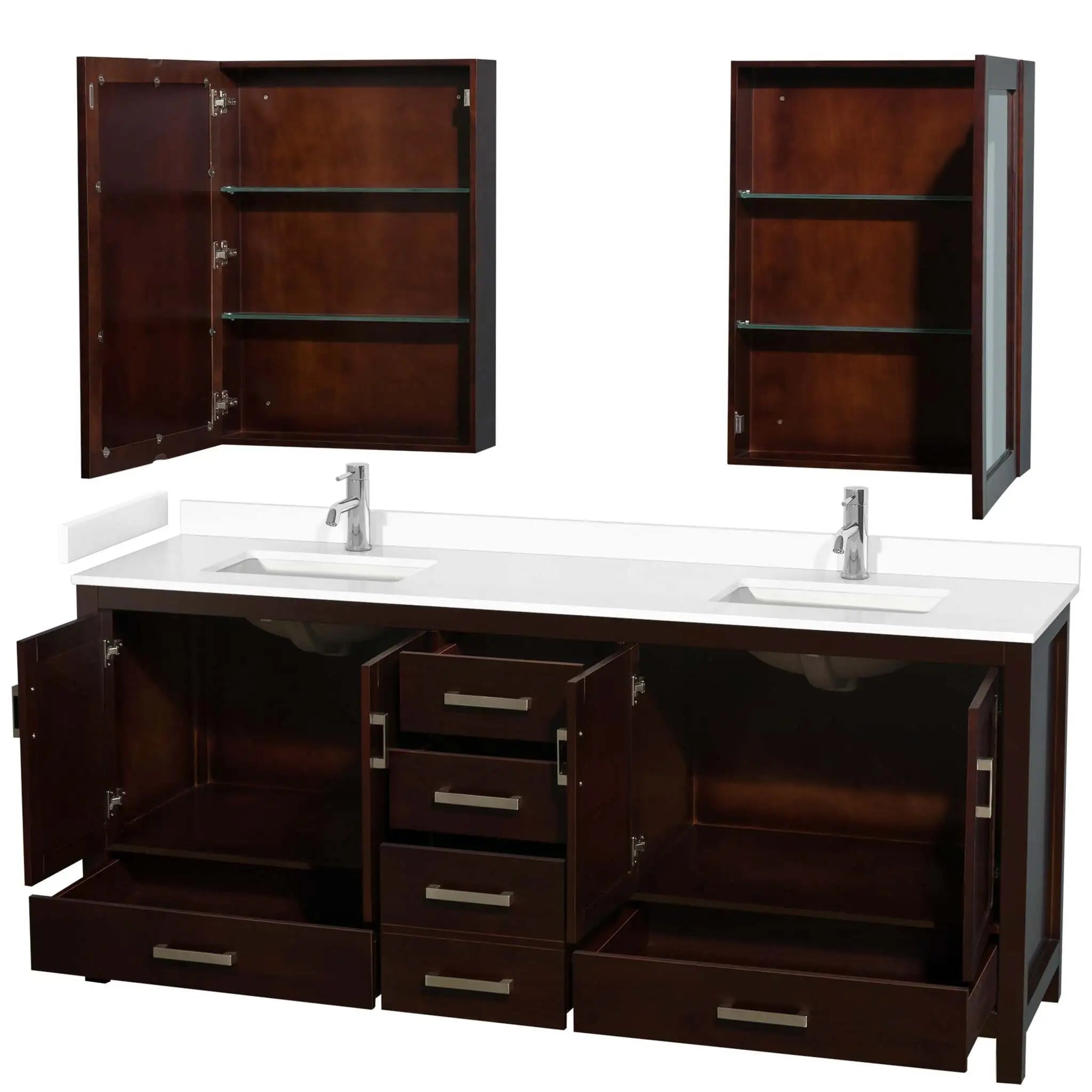 80" Sheffield Double Bathroom Vanity in Espresso with Brushed Chrome Trim & Medicine Cabinet by Wyndham