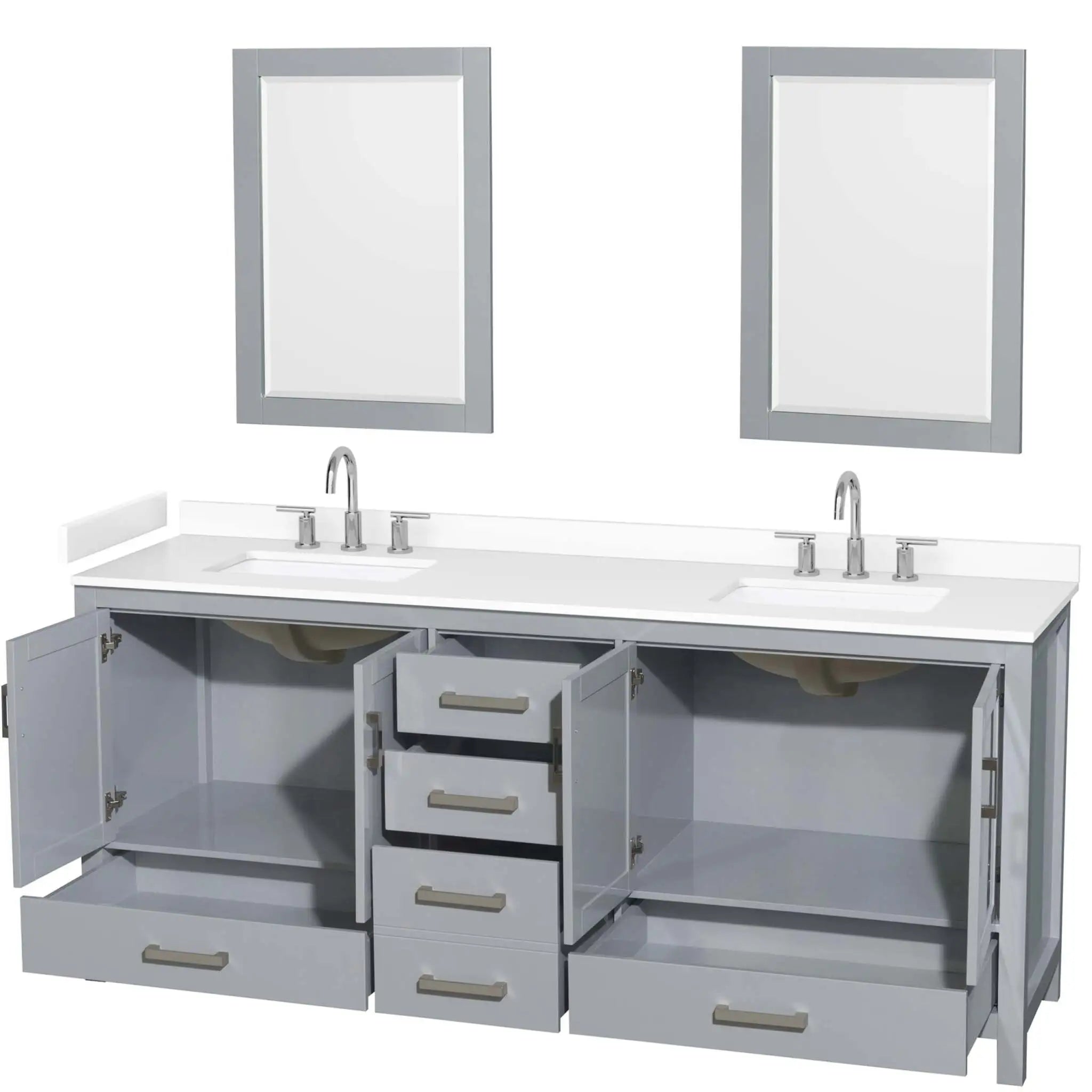 80" Sheffield Double Bathroom Vanity in Gray with Brushed Chrome Trim & 24" Mirror by Wyndham