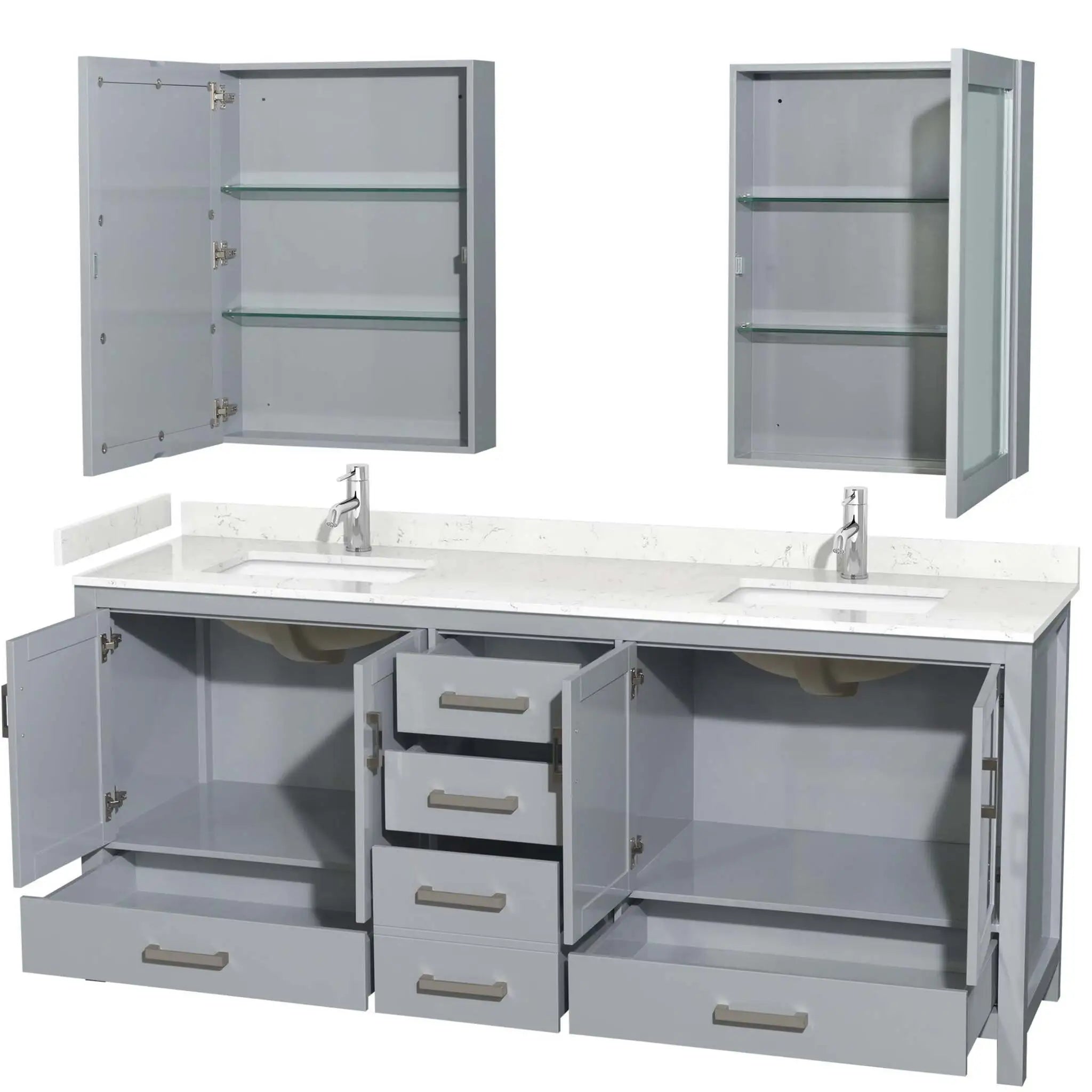 80" Sheffield Double Bathroom Vanity in Gray with Brushed Chrome Trim & Medicine Cabinet by Wyndham