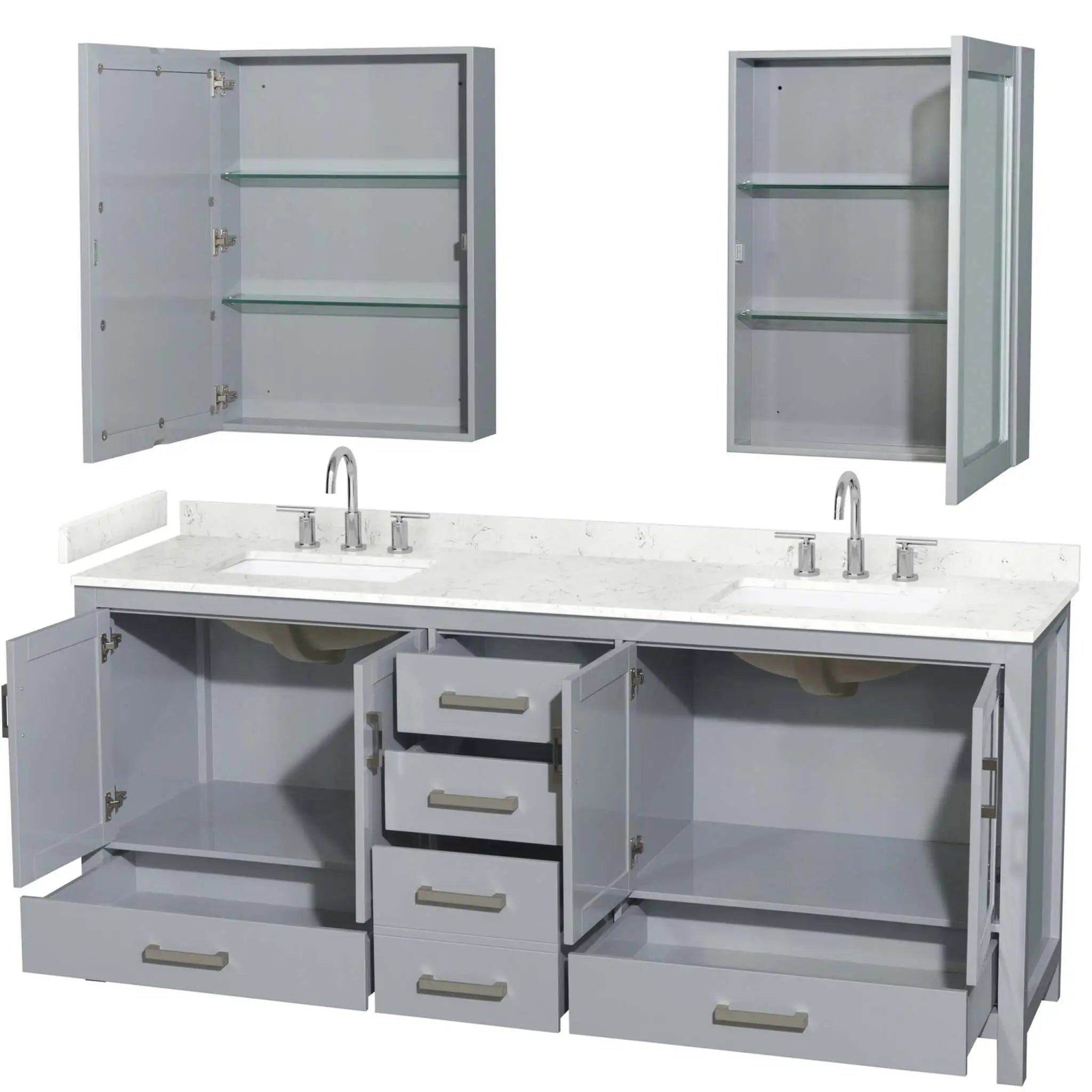 80" Sheffield Double Bathroom Vanity in Gray with Brushed Chrome Trim & Medicine Cabinet by Wyndham