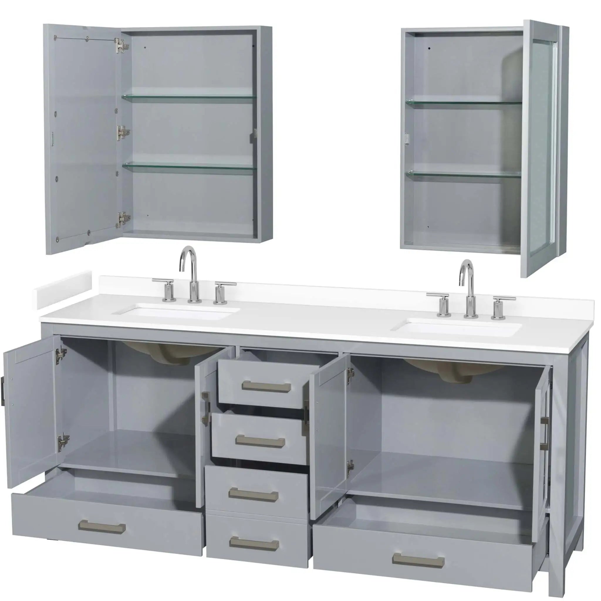 80" Sheffield Double Bathroom Vanity in Gray with Brushed Chrome Trim & Medicine Cabinet by Wyndham