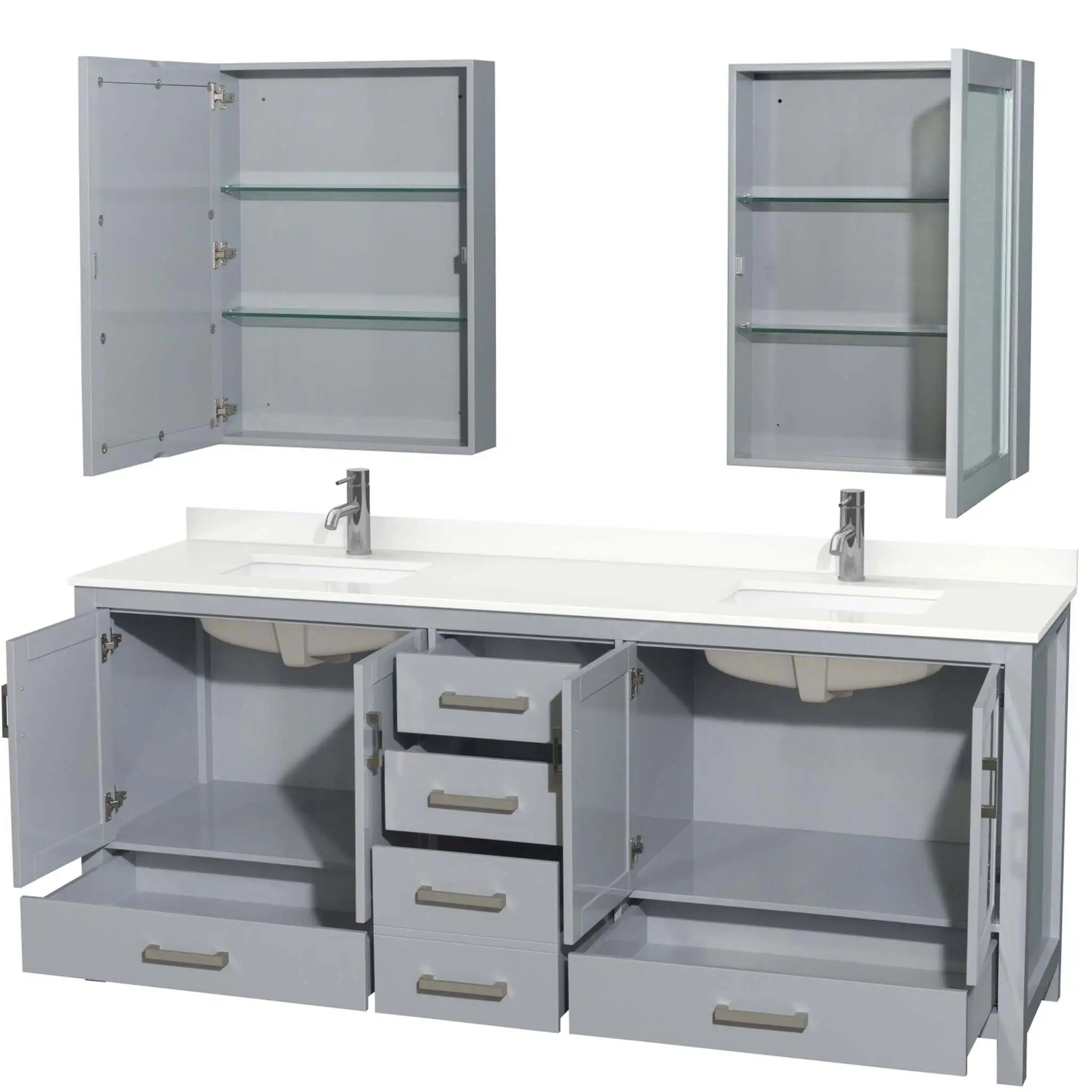 80" Sheffield Double Bathroom Vanity in Gray with Brushed Chrome Trim & Medicine Cabinet by Wyndham