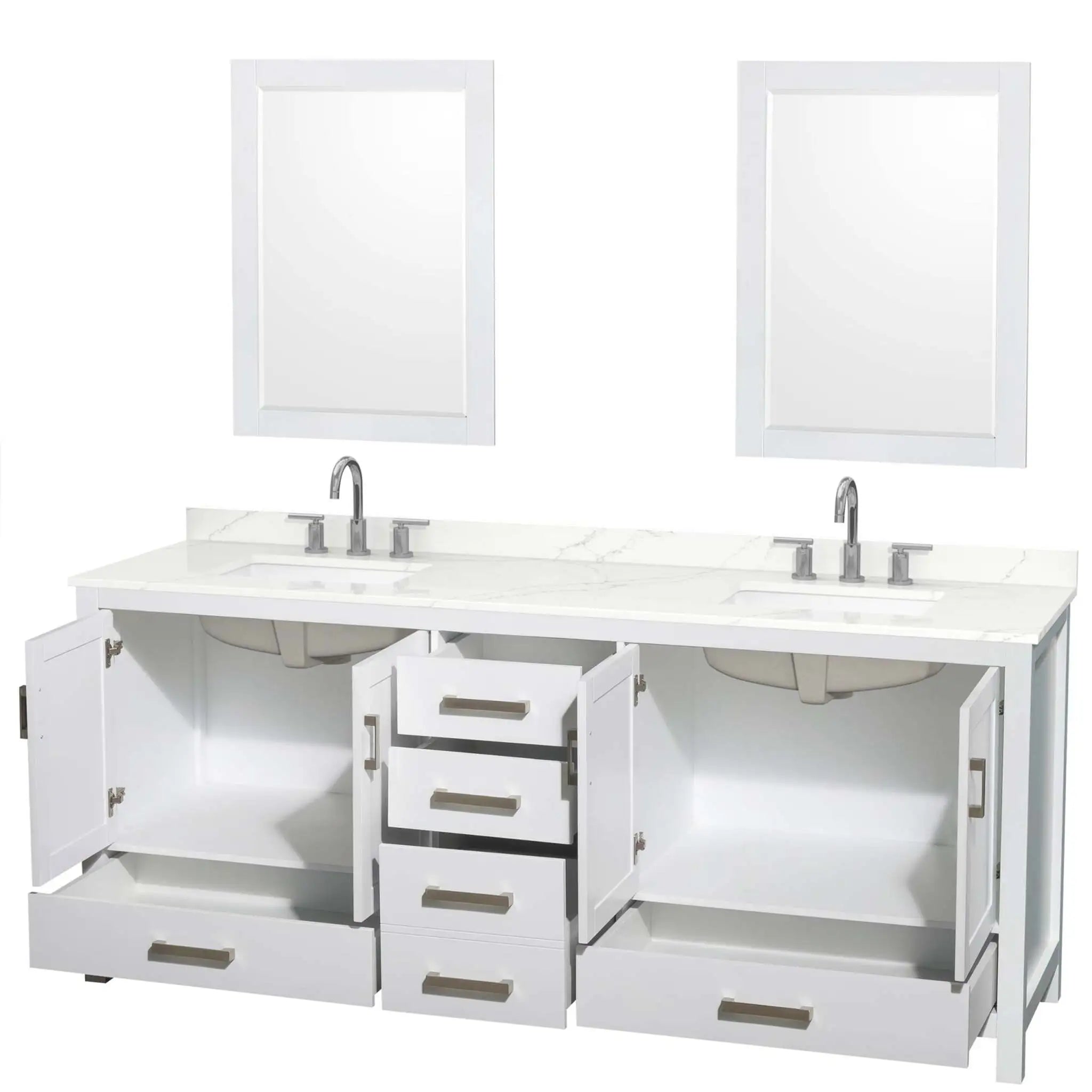 80" Sheffield Double Bathroom Vanity in White with Brushed Chrome Trim & 24" Mirror by Wyndham