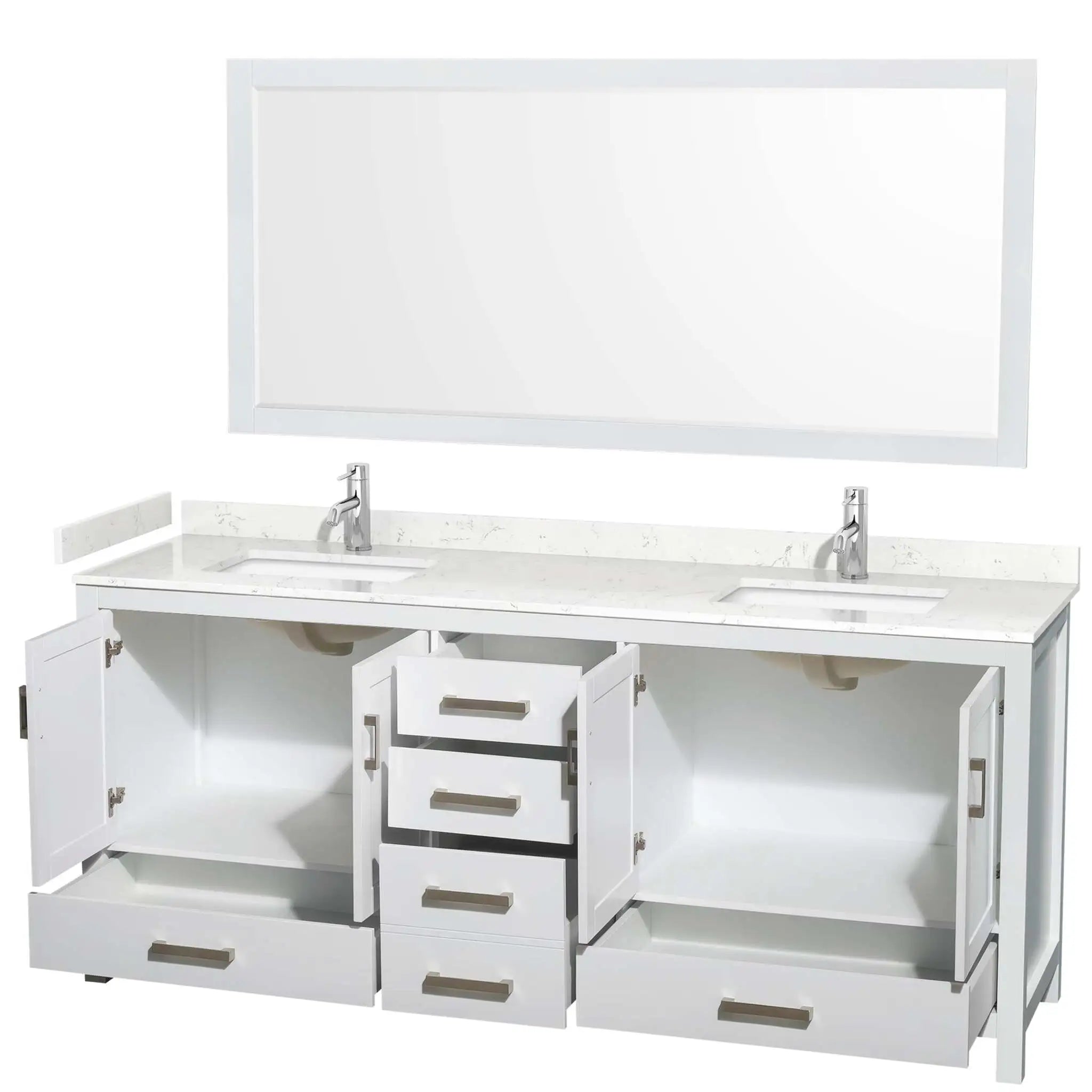 80" Sheffield Double Bathroom Vanity in White with Brushed Chrome Trim & 70" Mirror by Wyndham