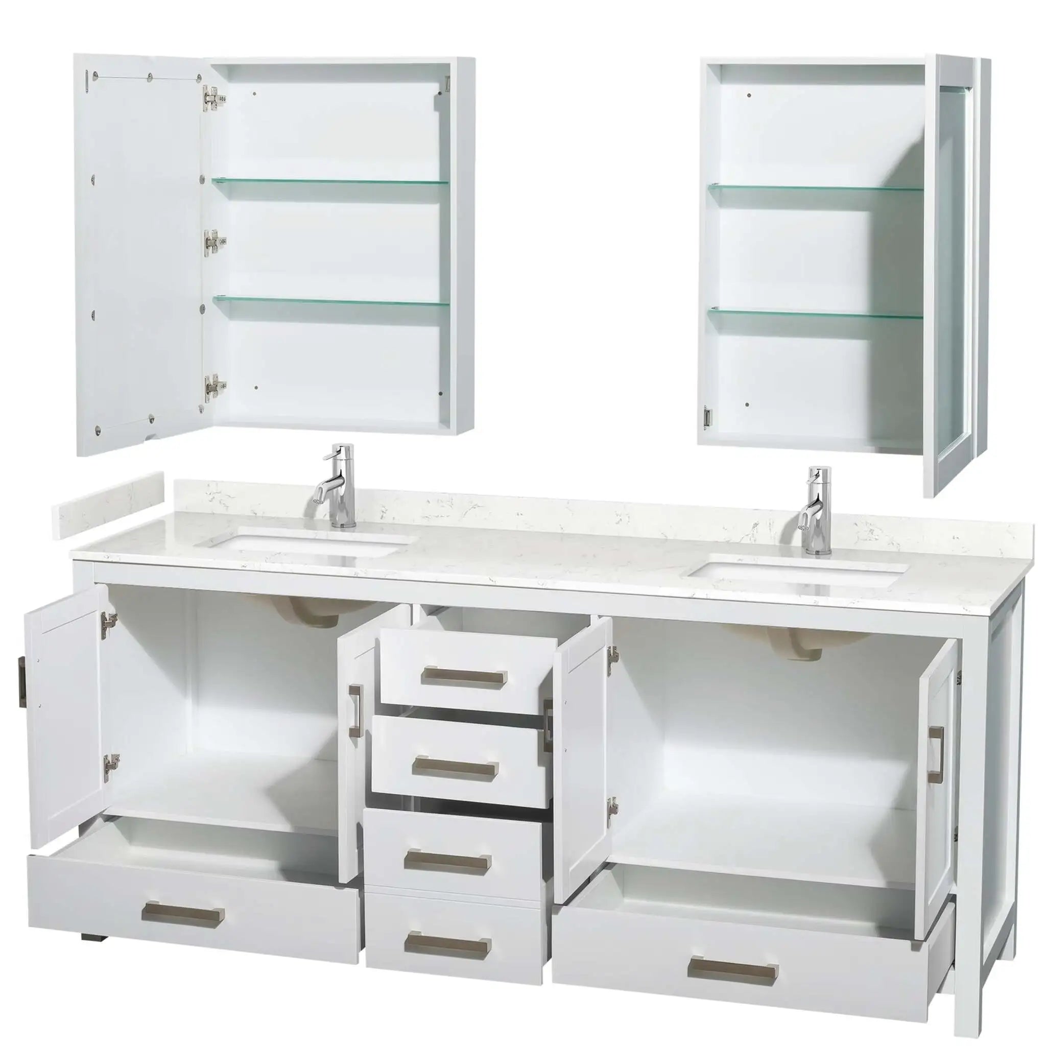 80" Sheffield Double Bathroom Vanity in White with Brushed Chrome Trim & Medicine Cabinet by Wyndham