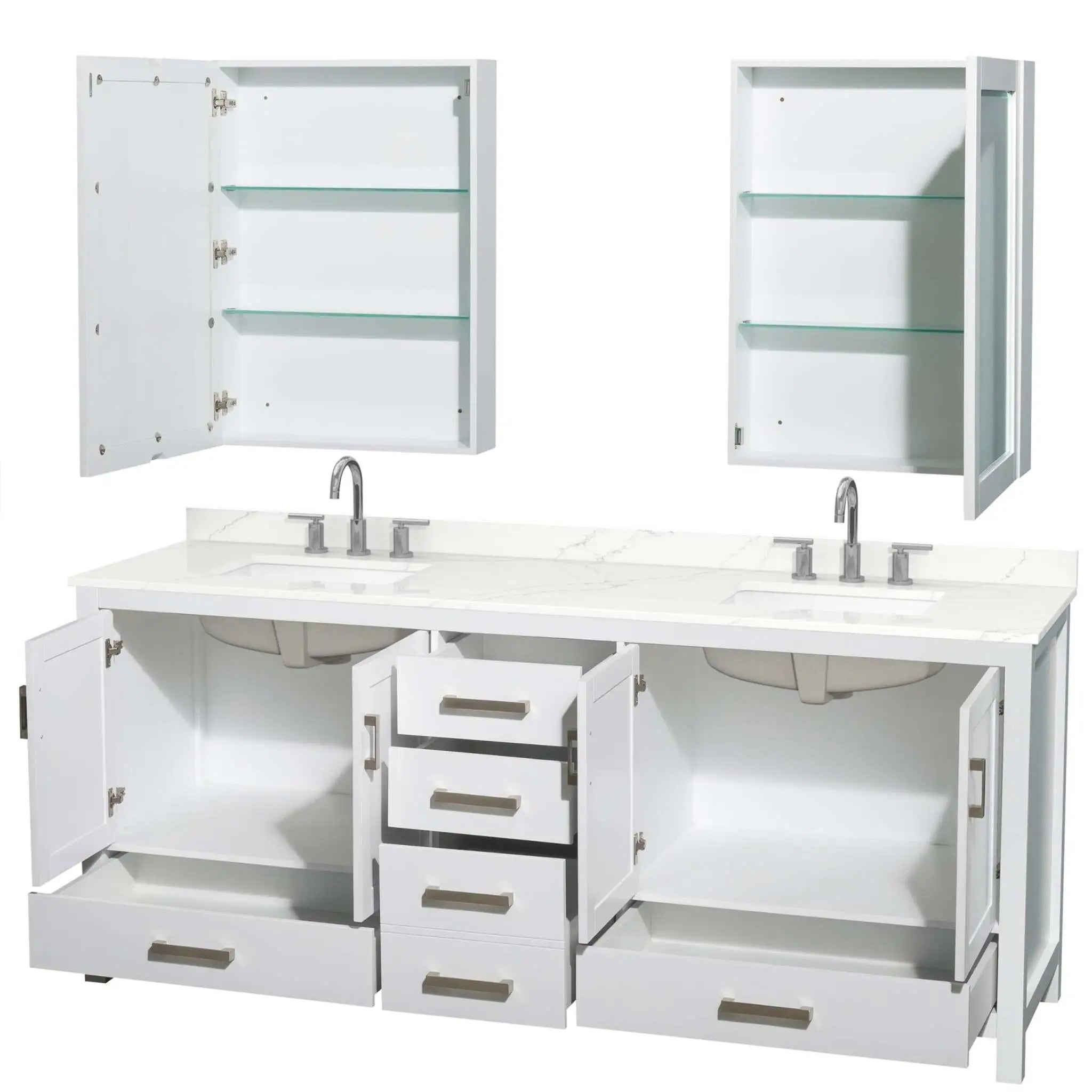 80" Sheffield Double Bathroom Vanity in White with Brushed Chrome Trim & Medicine Cabinet by Wyndham