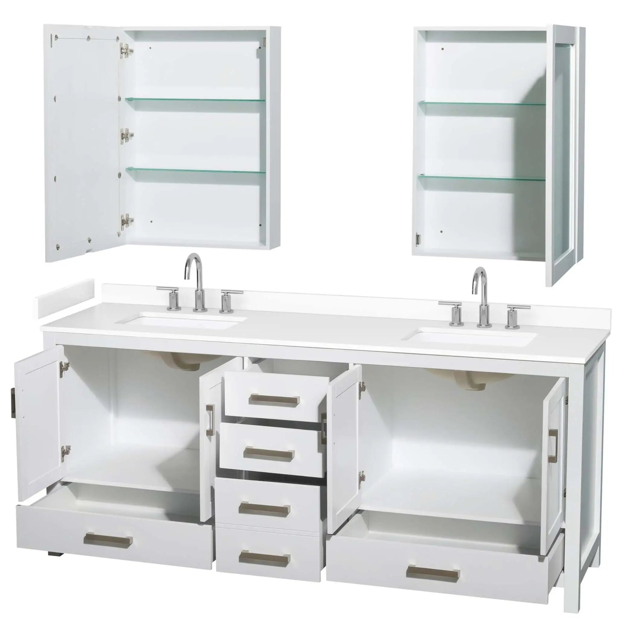80" Sheffield Double Bathroom Vanity in White with Brushed Chrome Trim & Medicine Cabinet by Wyndham