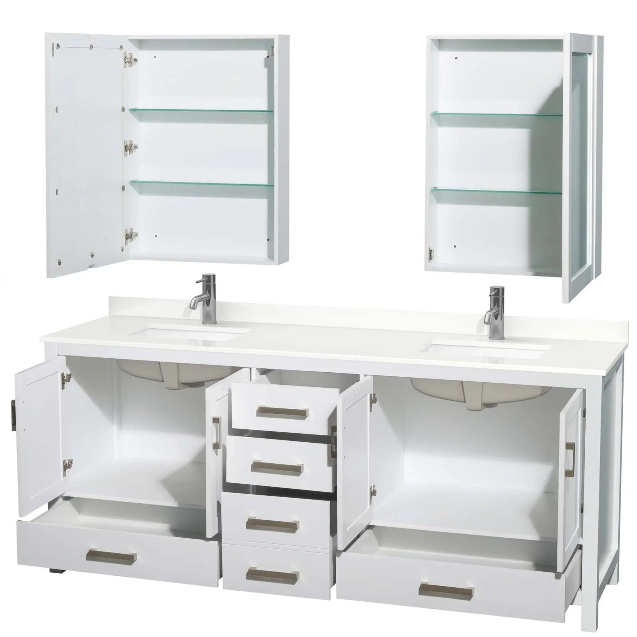 80" Sheffield Double Bathroom Vanity in White with Brushed Chrome Trim & Medicine Cabinet by Wyndham