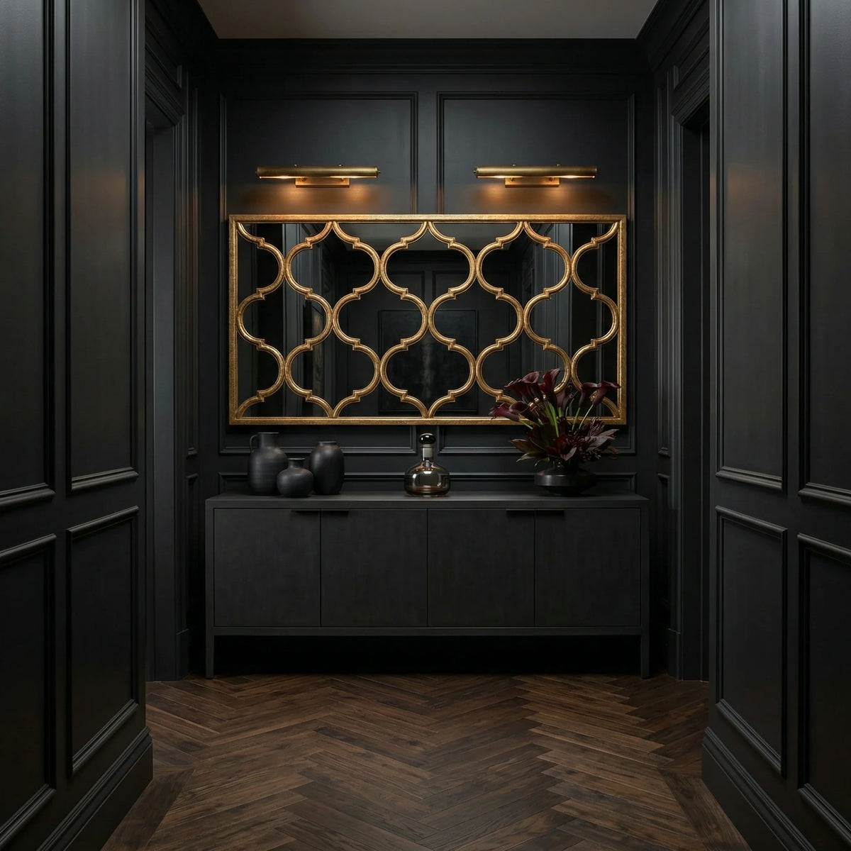 Ambella Home Fret wall mirror, 81.5W x 2D x 40H, wide rectangular mirror with antique wire brush gold lattice frame displayed over a dark console in an elegant entryway