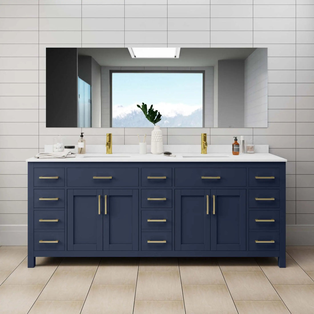 84" Beckett Double Bathroom Vanity in Dark Blue with Brushed Gold Trim by Wyndham
