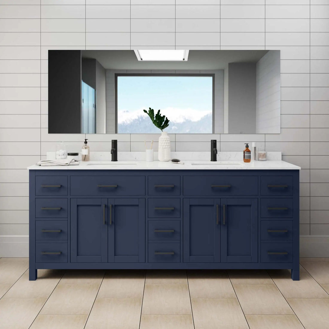 84" Beckett Double Bathroom Vanity in Dark Blue with Matte Black Trim by Wyndham