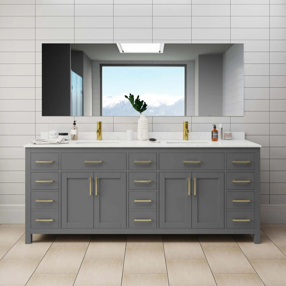 84" Beckett Double Bathroom Vanity in Dark Gray with Brushed Gold Trim by Wyndham