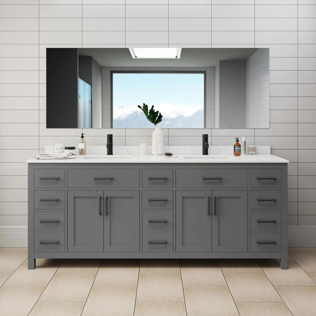 84" Beckett Double Bathroom Vanity in Dark Gray with Matte Black Trim by Wyndham