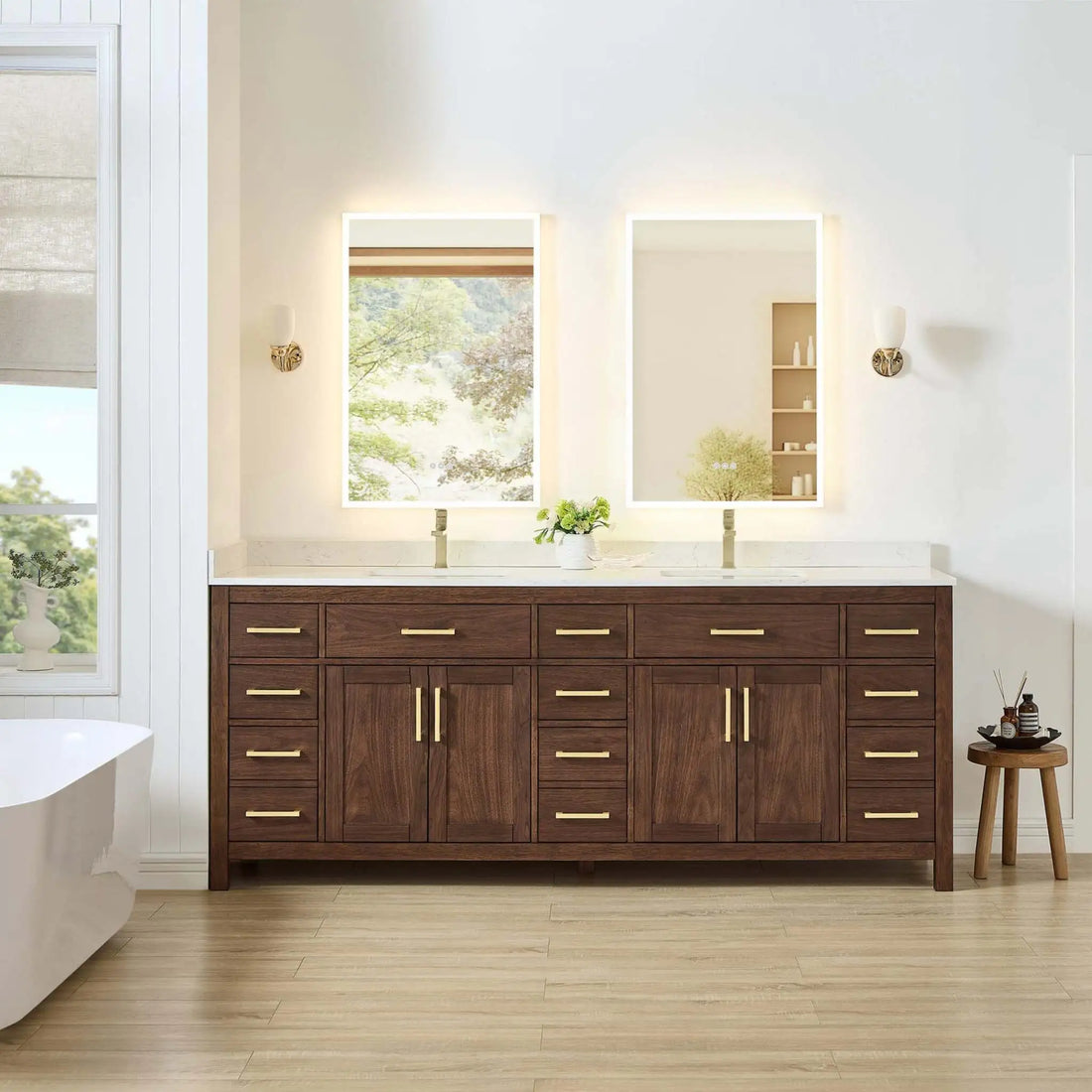 84" Beckett Double Bathroom Vanity in Dark Walnut with Brushed Gold Trim by Wyndham