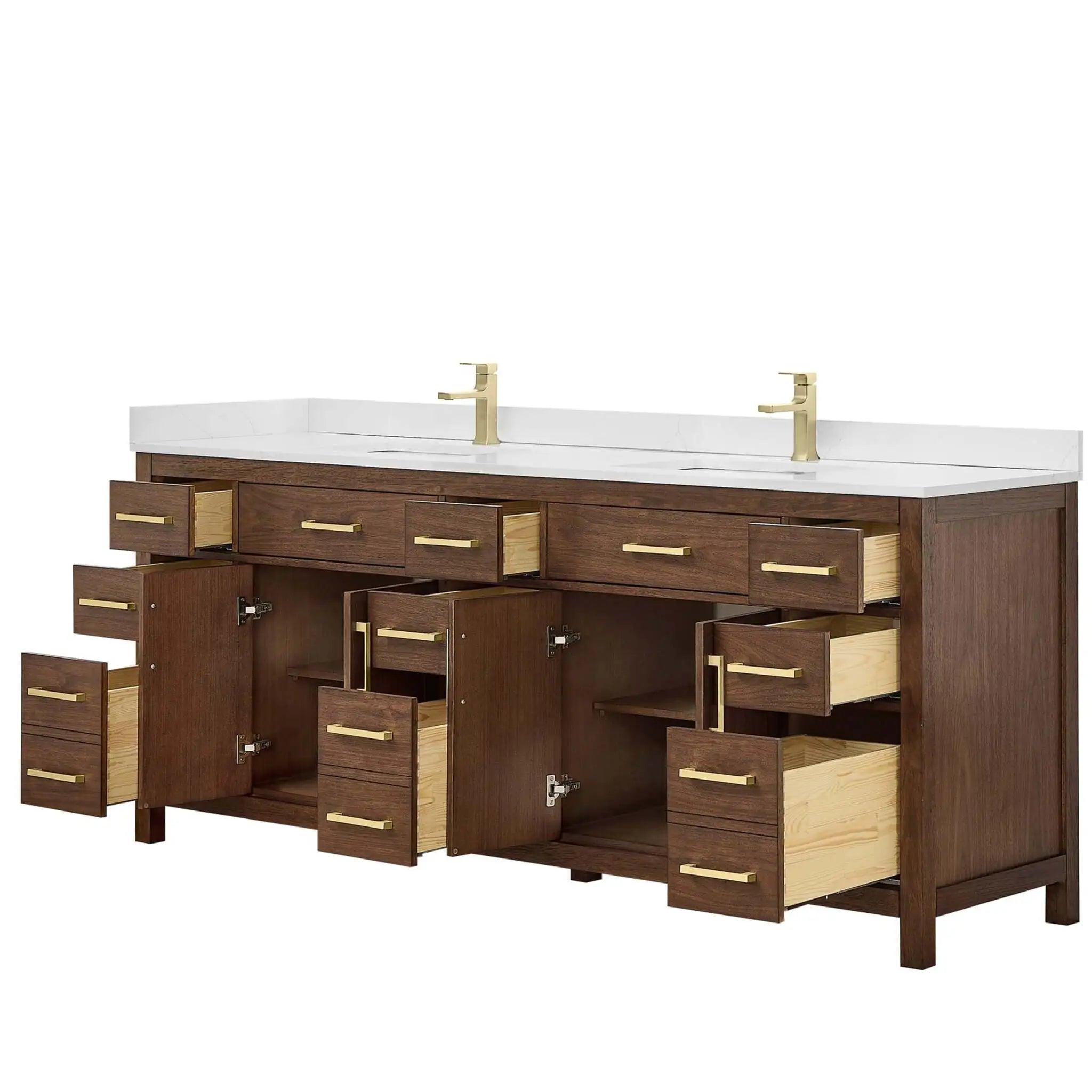 84" Beckett Double Bathroom Vanity in Dark Walnut with Brushed Gold Trim by Wyndham