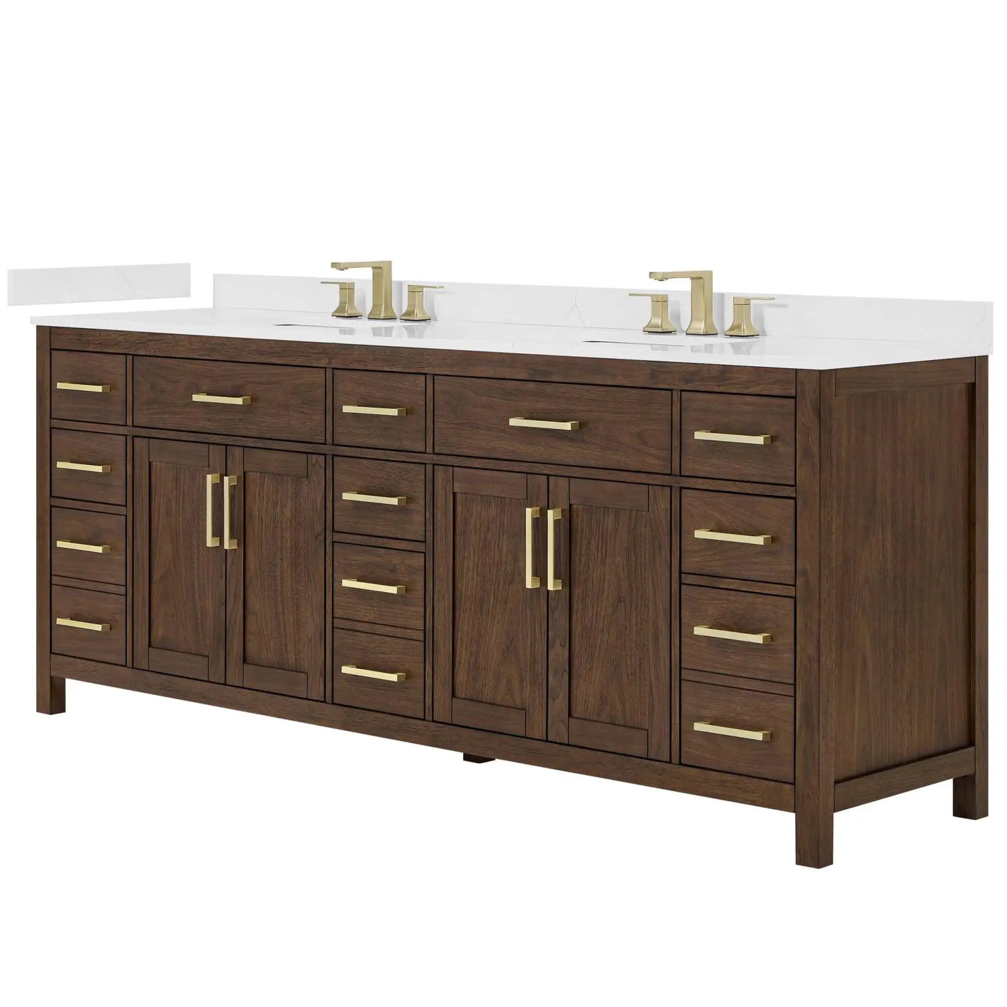84" Beckett Double Bathroom Vanity in Dark Walnut with Brushed Gold Trim by Wyndham